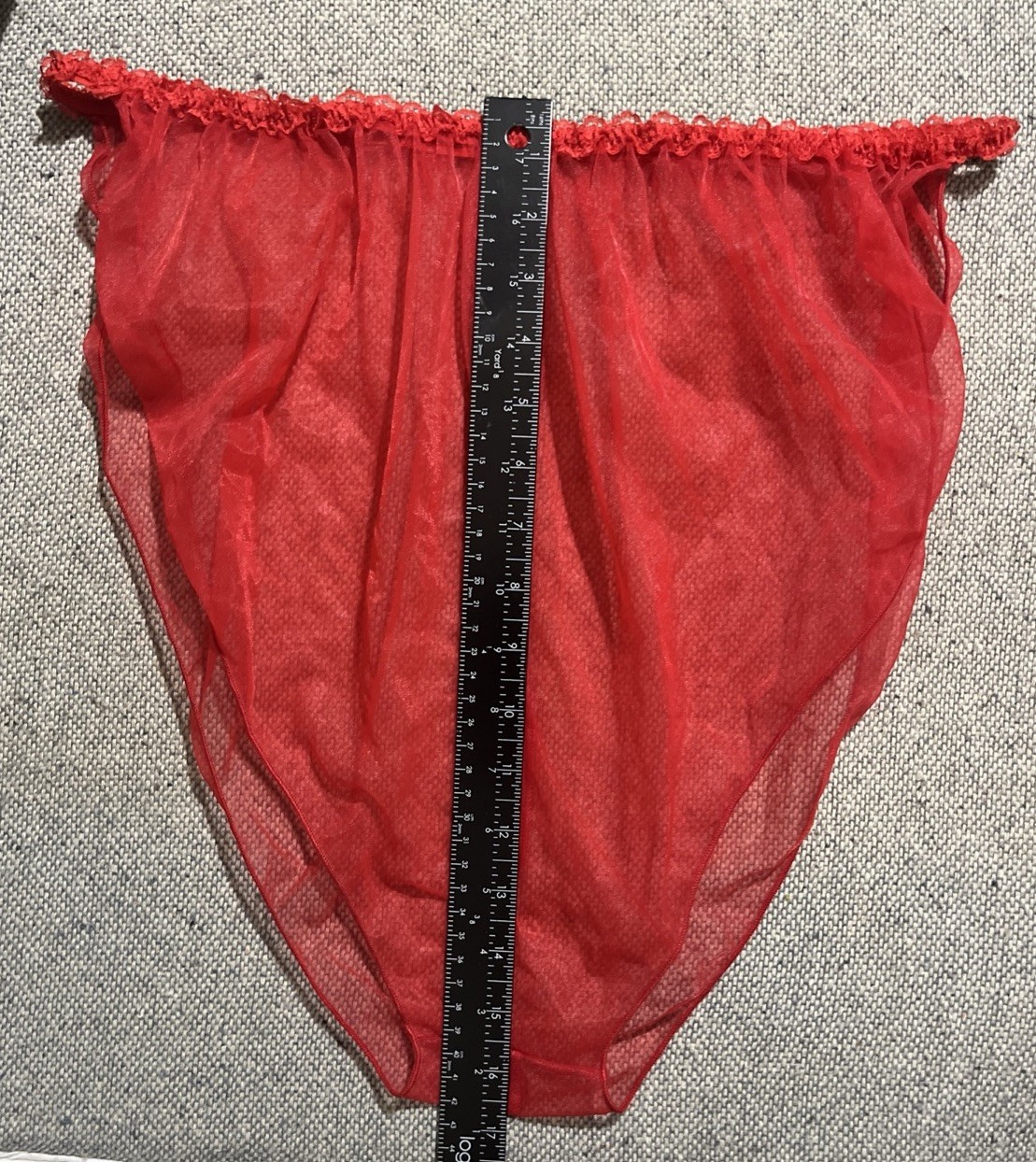 Vintage 1970s Red Sheer Nylon String Lace Trim High Cut Legs Sissy Panties 2XL
