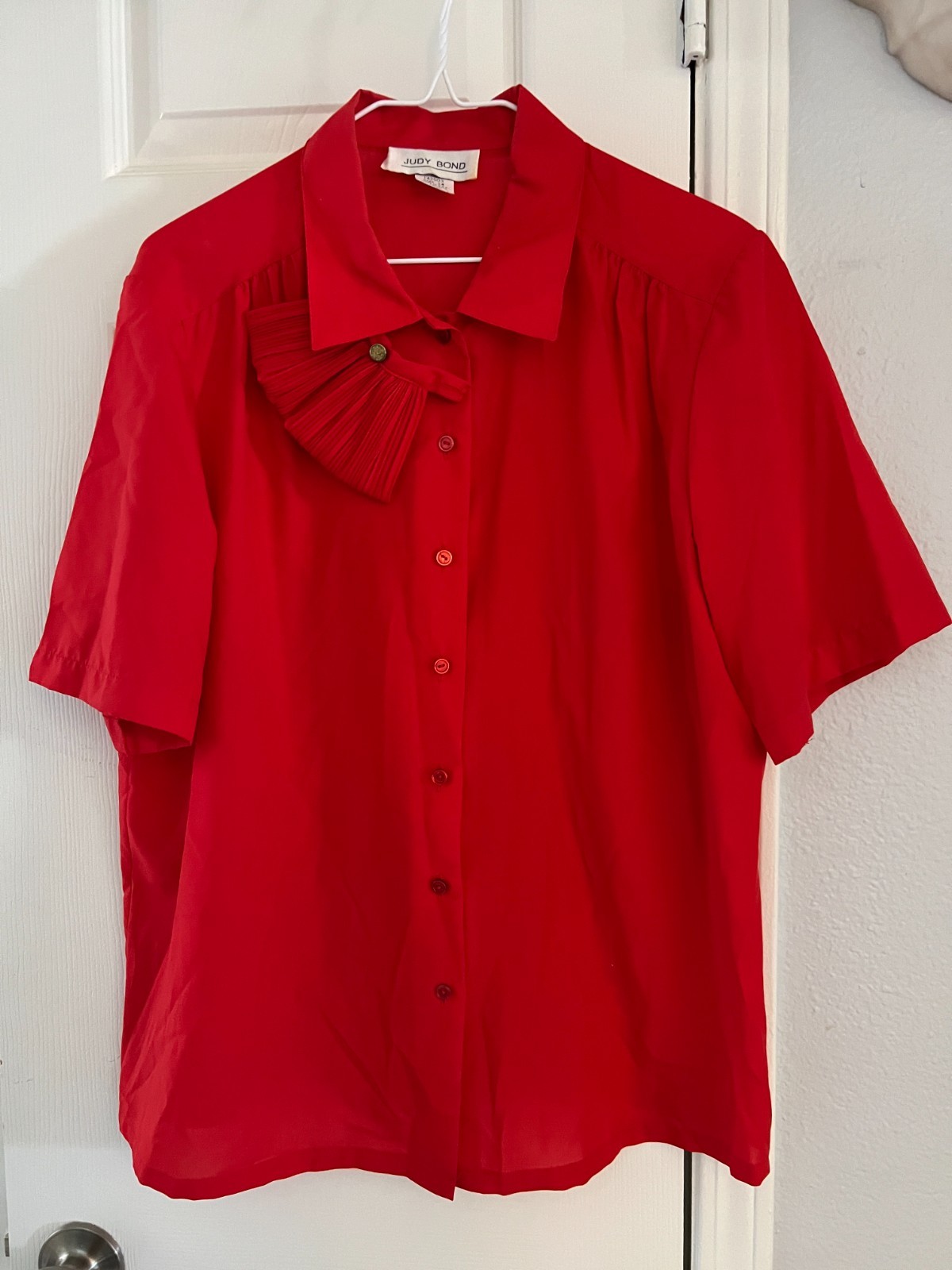 Judy Bond Blouse Women&rsquo;s 14 Red Fan Bow Secretary Geek Colonial Retro Vintage