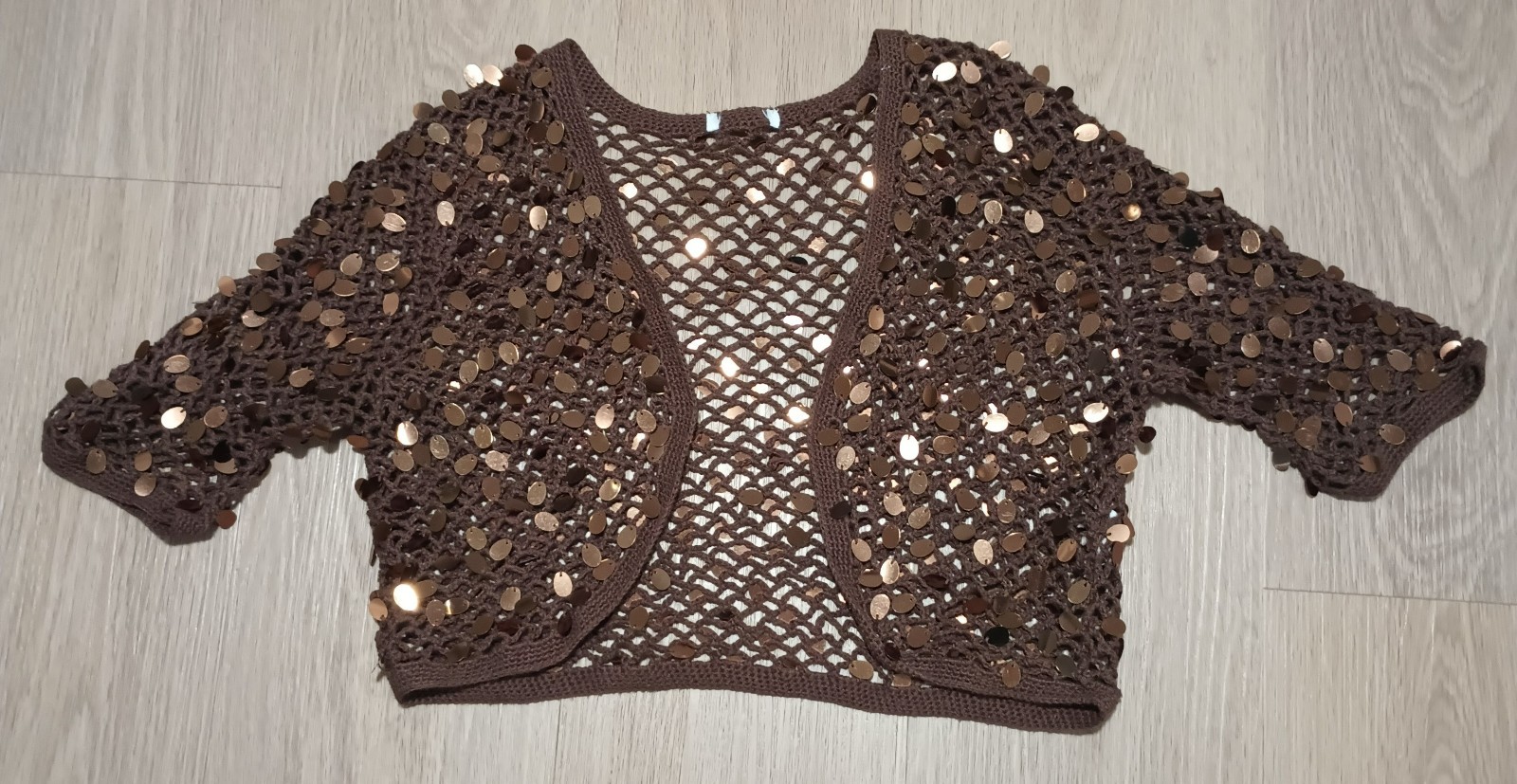 Vtg 90s Open Knit Stretch Brown Sequin Sparkle Open Bolero Cropped Jacket Top S