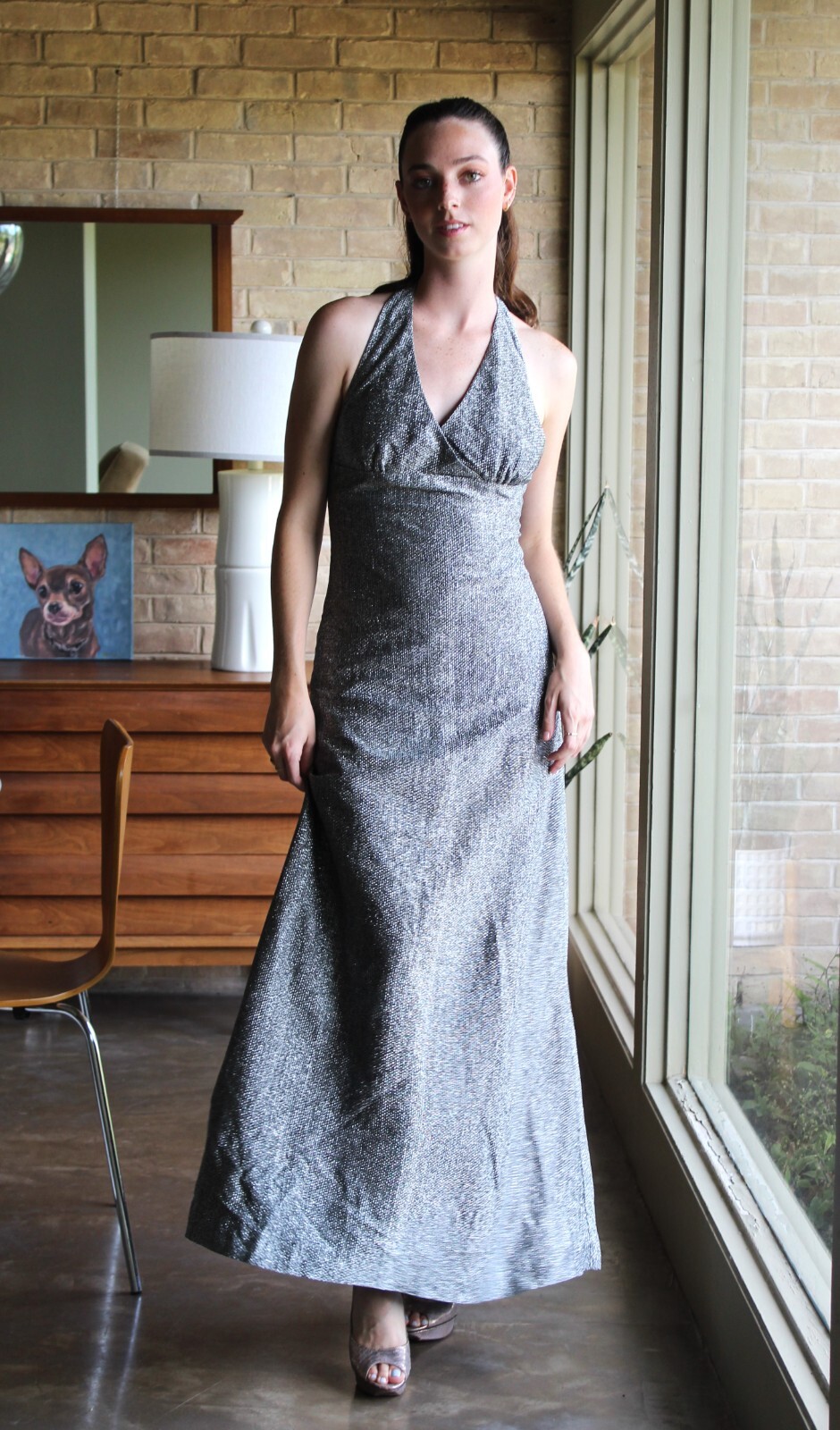 Vtg 60s 70s Young T Halter Maxi Dress XS/S Women Silver Lame&rsquo;