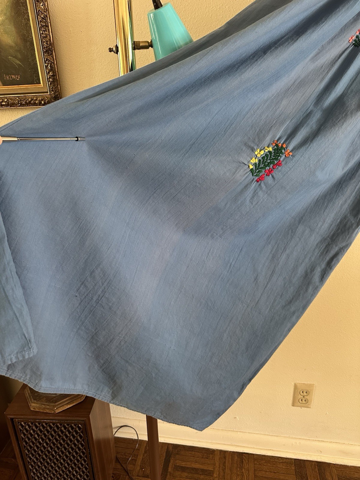 1970s Blue Cotton Oaxacan Mexican Huipil Dress Embroidered Floral Maxi Sz S VTG