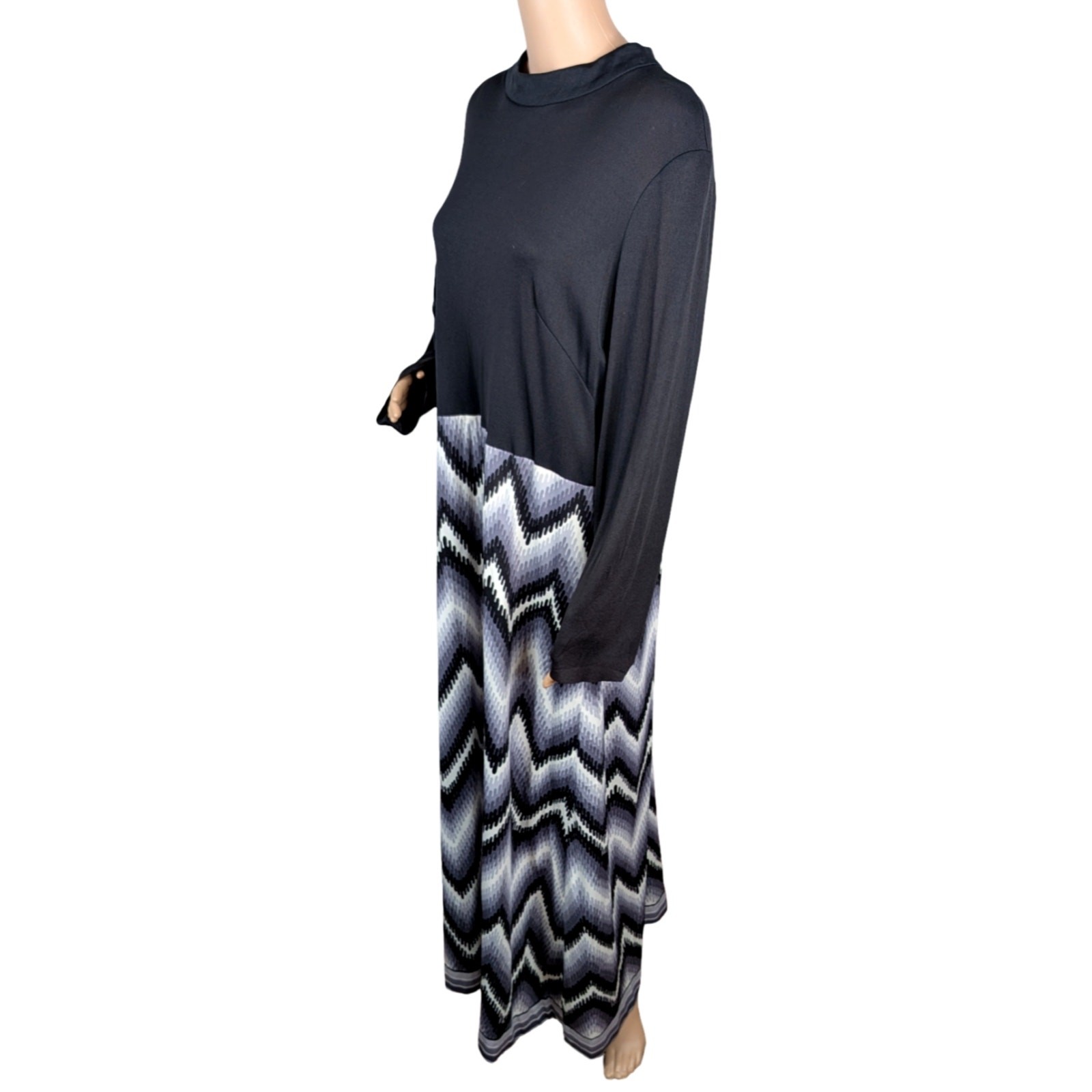 Vtg 70s Emilio Borghese Black Gray Chevron Zig Zag Mod Maxi Dress SZ 1X