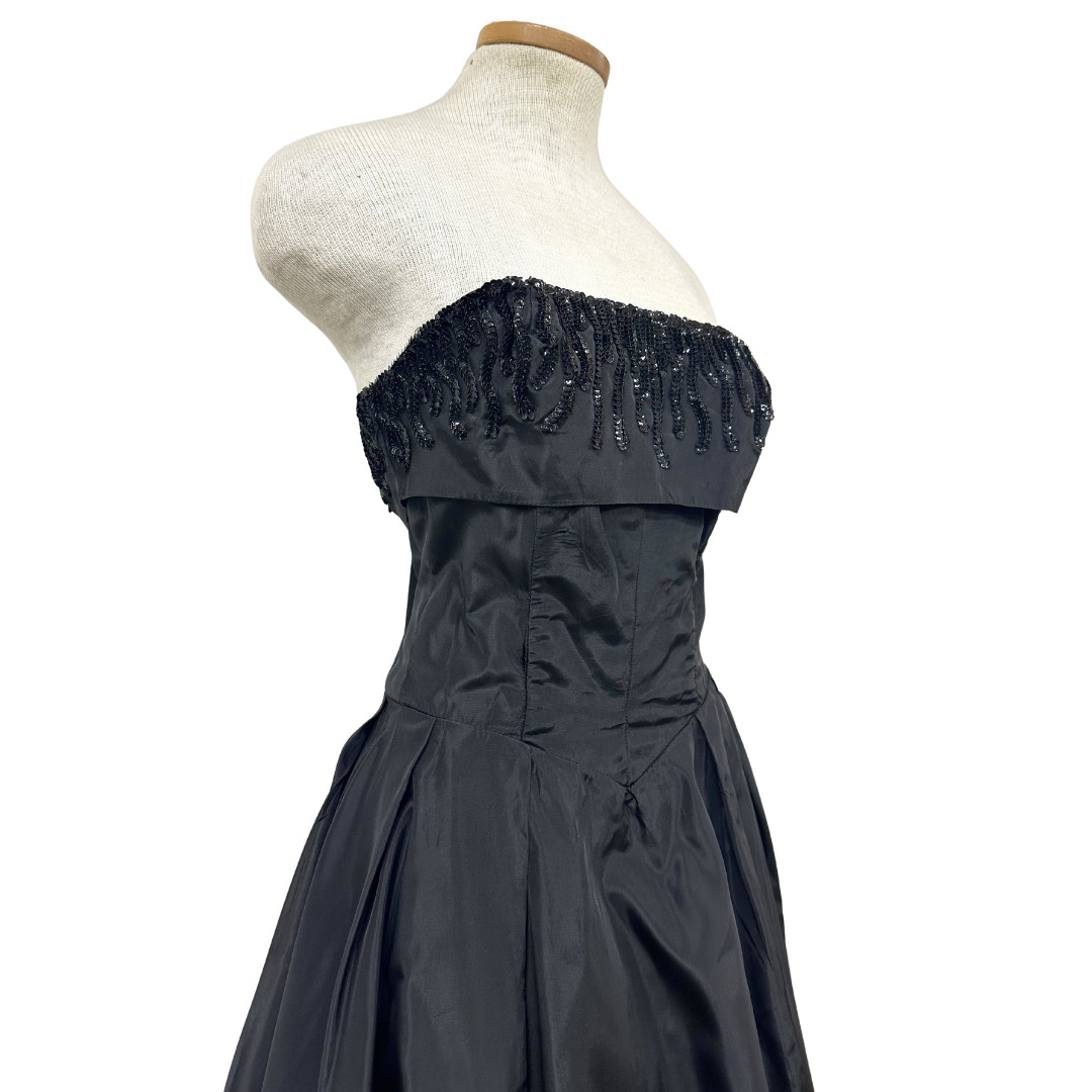 Vintage 1950s Black Taffeta Sequin Strapless Ball Gown
