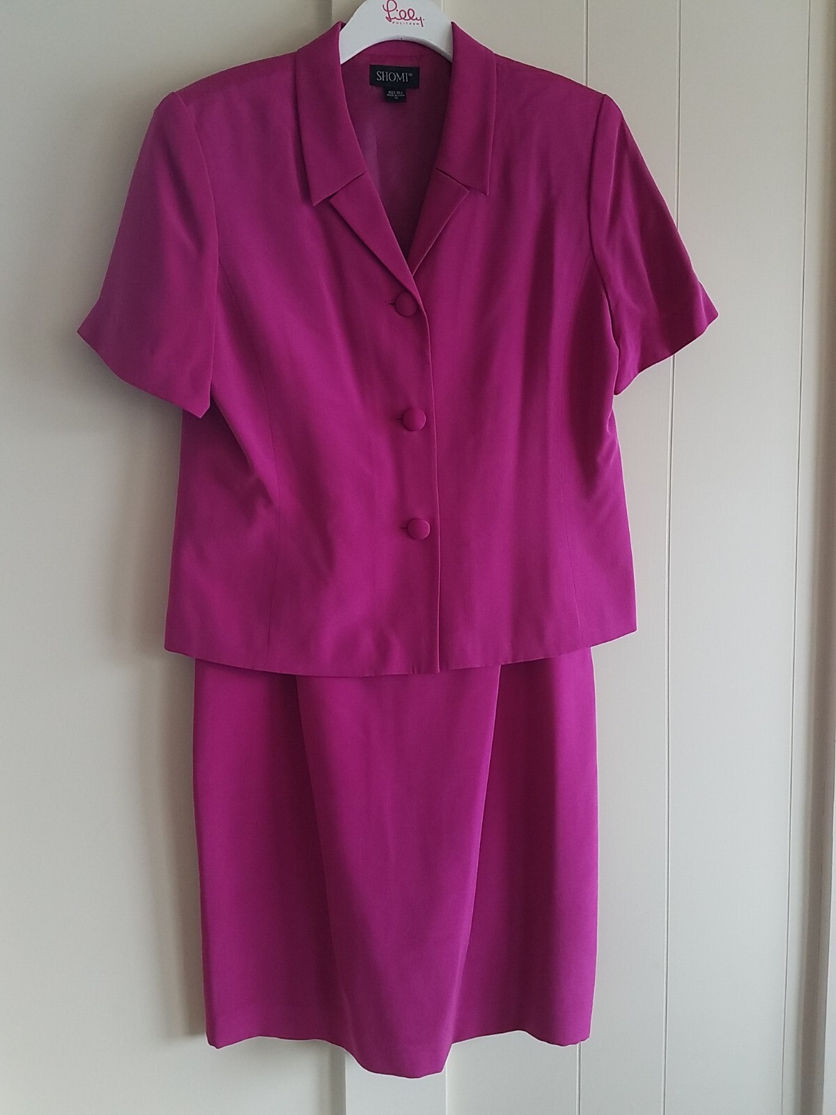 Vintage 80s Shomi Pink Silk two piece Lined skirt suit 12