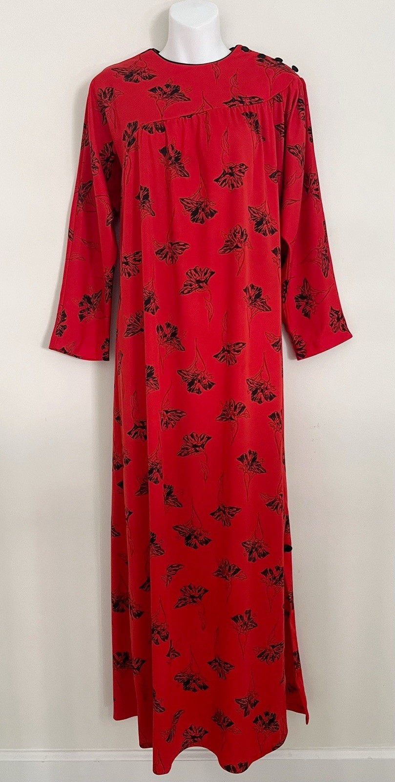 Vintage DAVID BROWN CALIFORNIA House Dress Sz M Lounge Robe Red Floral Side Slit