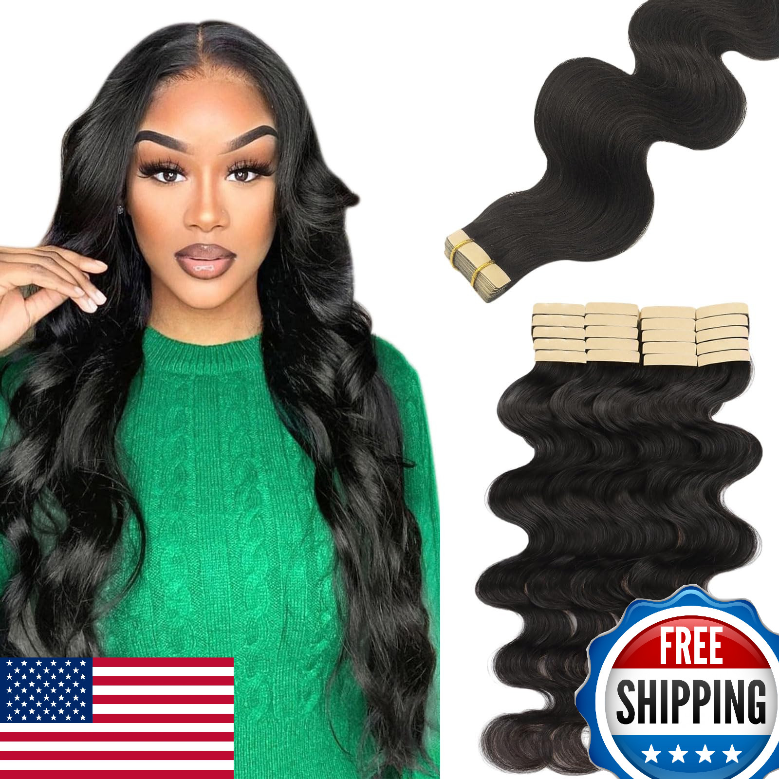 Lashey Human Hair Tape in Extensions, Body Wave, Natural Black, 18 Inch, 50g
