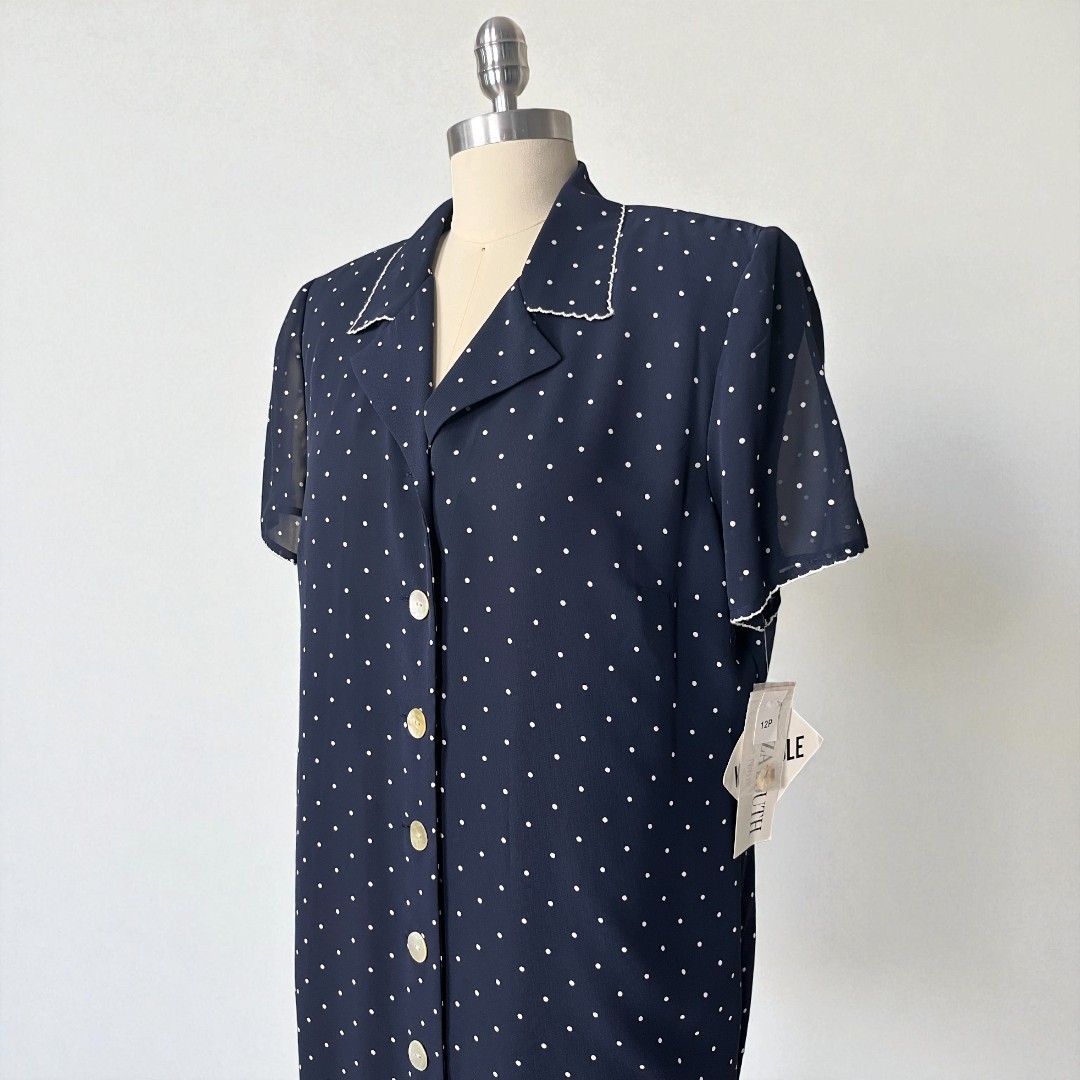 NWT VTG 90s Plaza South Coast 12P Maxi Navy Blue & White Polka Dot Shirt Dress
