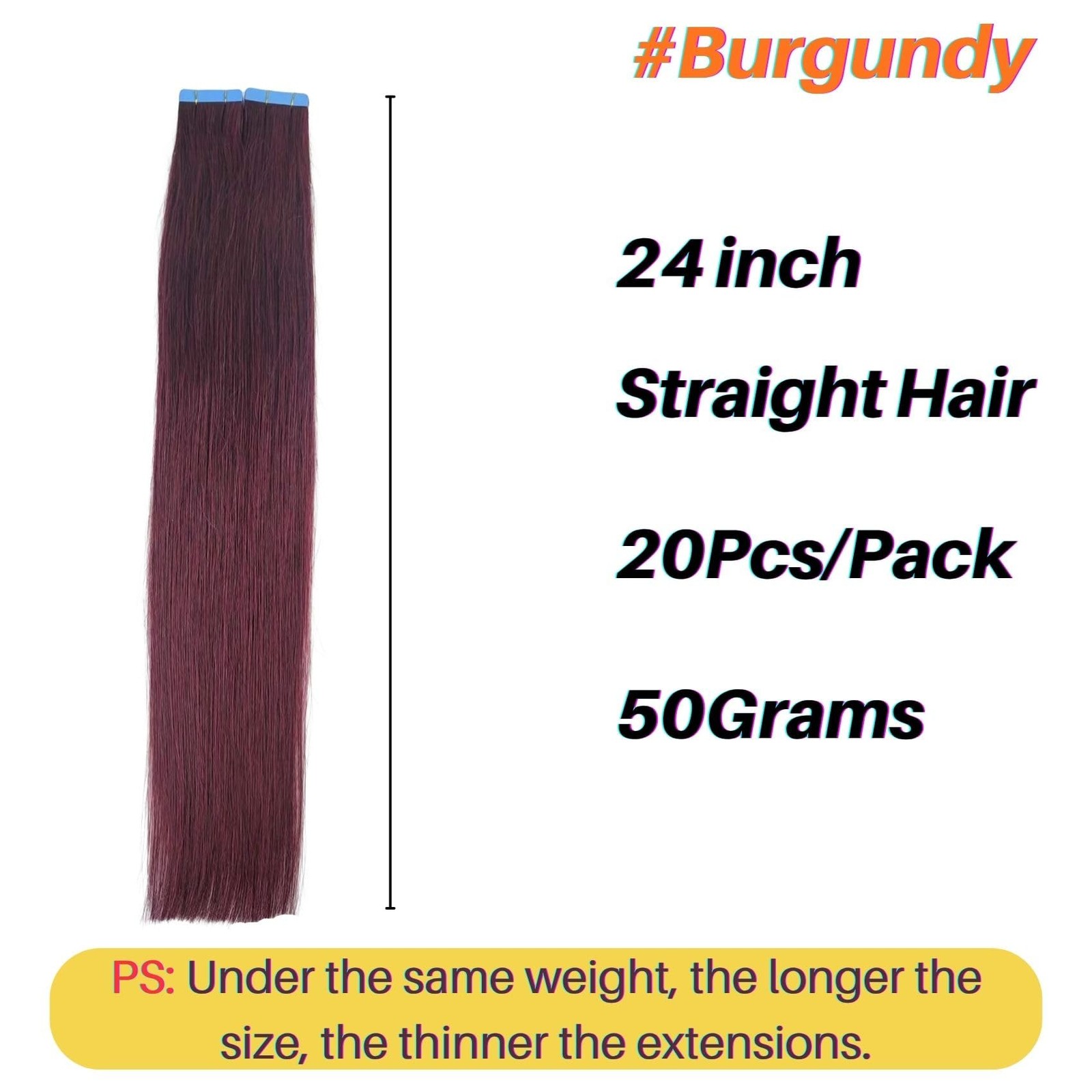 Burgundy 24 Inch Human Hair Extensions Tape-in Straight Remy Hair 20Pcs 50G Cosp