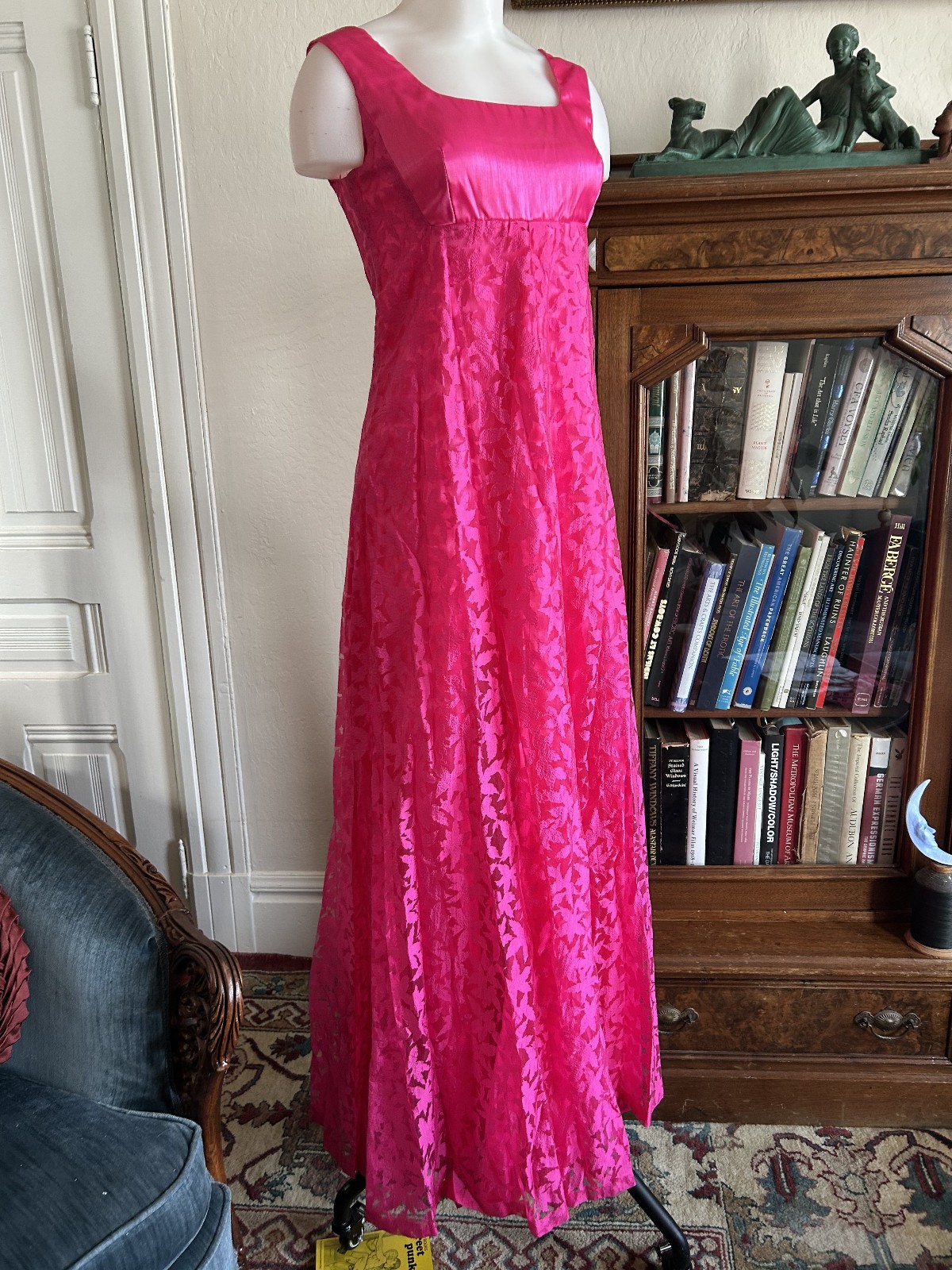 Vintage 1960s HOT Pink Shiny Empire Waist Maxi Dress Lace Overlay Formal XS S