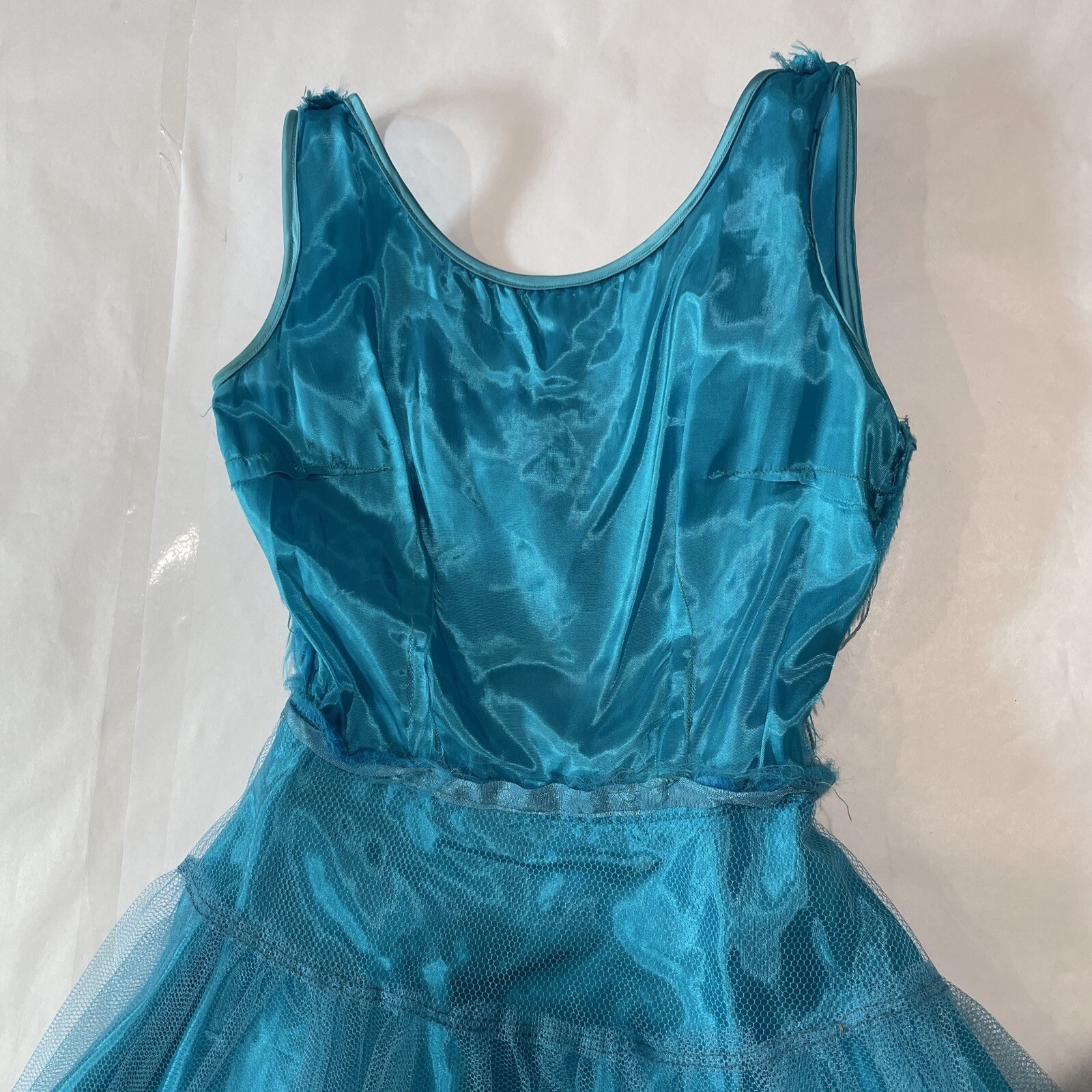 Vintage 50s 60s Chiffon Dress Prom Party Aqua Turquoise Waist 24 (SEE FLAWS