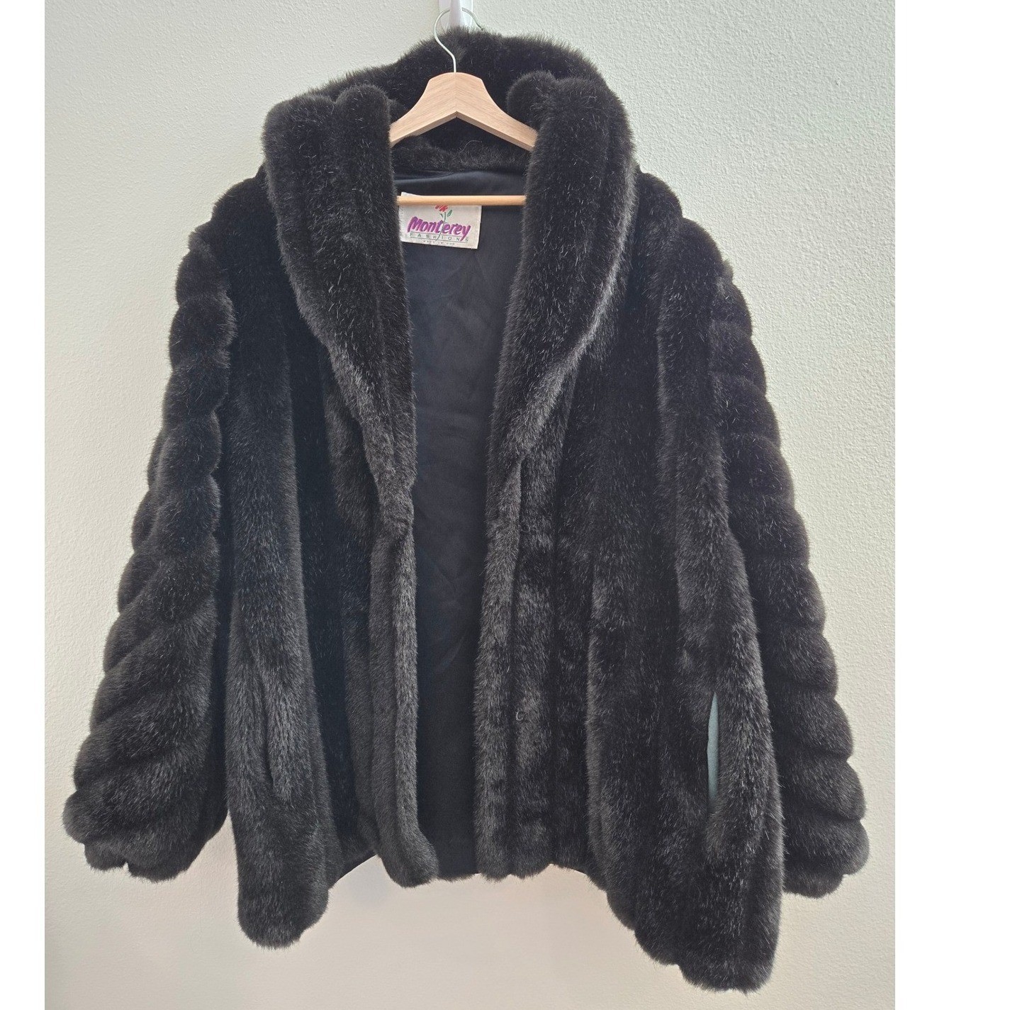 Monterey Fashions Vintage Black Faux Fur Coat Shawl Collar Made in USA Women 2X