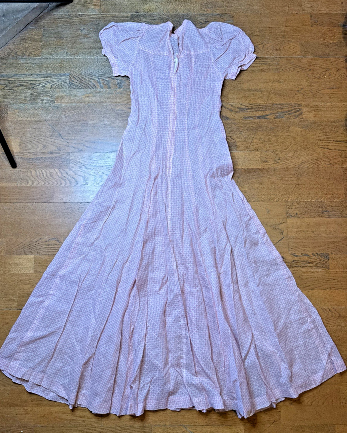 Vtg 1940s Pink Gingham Swiss Dot Day Dress Metal Zipper Puffy Sleeve Wide Sweep