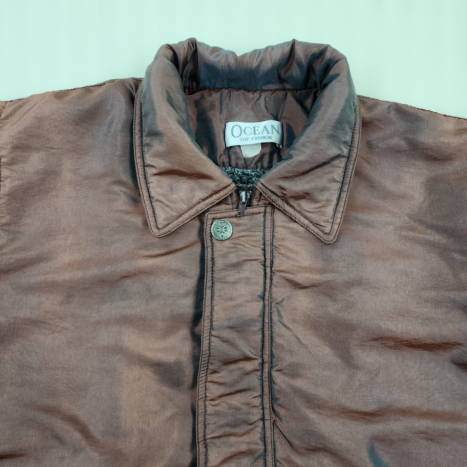 Vintage 80s 90s Iridescent Puffer Jacket Coat Brown Bronze Shiny Metallic