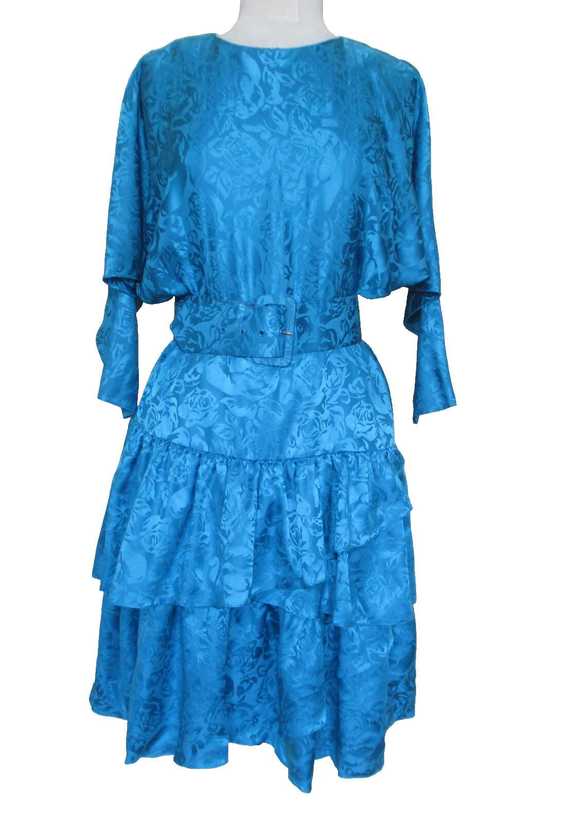 Vintage 80s St Gillian Turquoise Silk Dress 6P Dolman Sleeve Ruffle Skirt