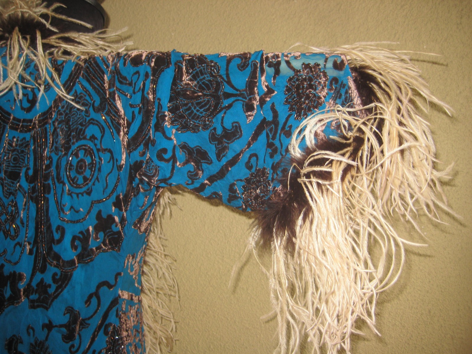 Vintage w/tag Mina Collection turquoise burnout kimono feathers sleeves wrap S/M