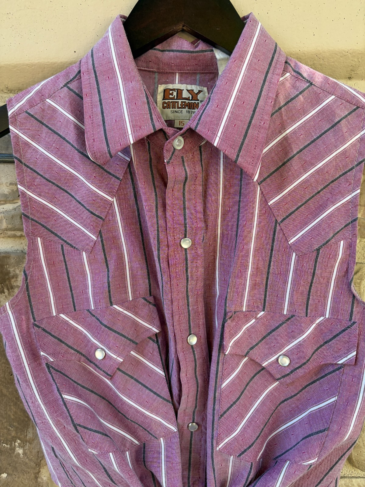 Vintage ELY Cattleman Sleeveless Western Shirt Pink Striped Snap Front Size 15
