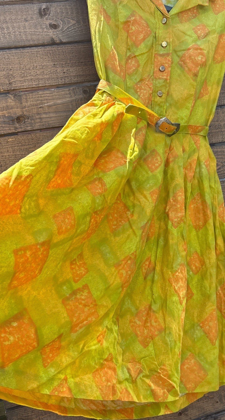 Vintage 1960s JACL Cotton Rayon Mod Shirtwaist Dress Green Orange Size 12
