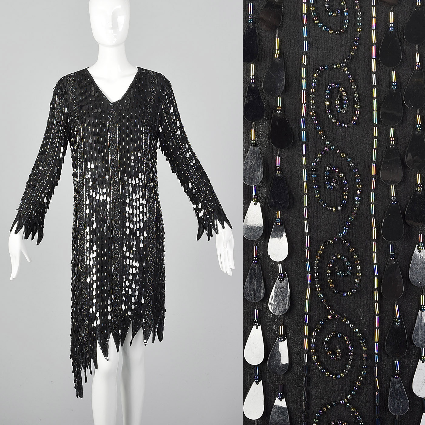 XS 1970s Frank Usher Beaded Silk Dress VTG Teardrop Paillettes Black Flame Edge