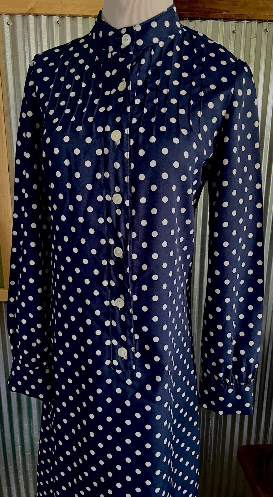 VTG CARLYE White & Blue Polka Dot Mod A Line L/S Midi Dress Sz S/M 1960s