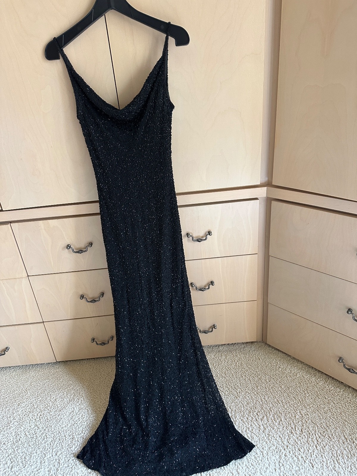 Vintage Stenay 100% Silk Fully Beaded Black Maxi Dress Size 6 Evening Gown 36&Prime; c