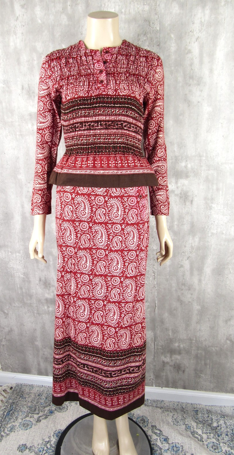 Vintage 70s Bonwit Teller 2pc India Hand Block Cotton Top Wrap Skirt Small