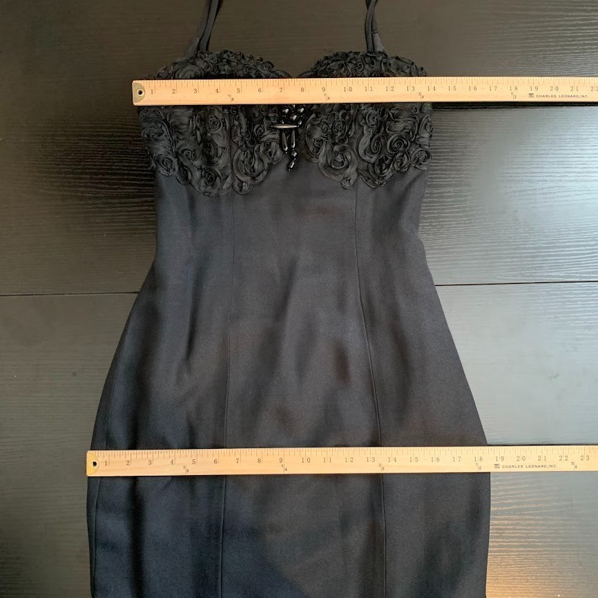 Vintage Flirtations Y2K Gothic Glam Black Dress Beaded Rosette Bodice Whimsigoth
