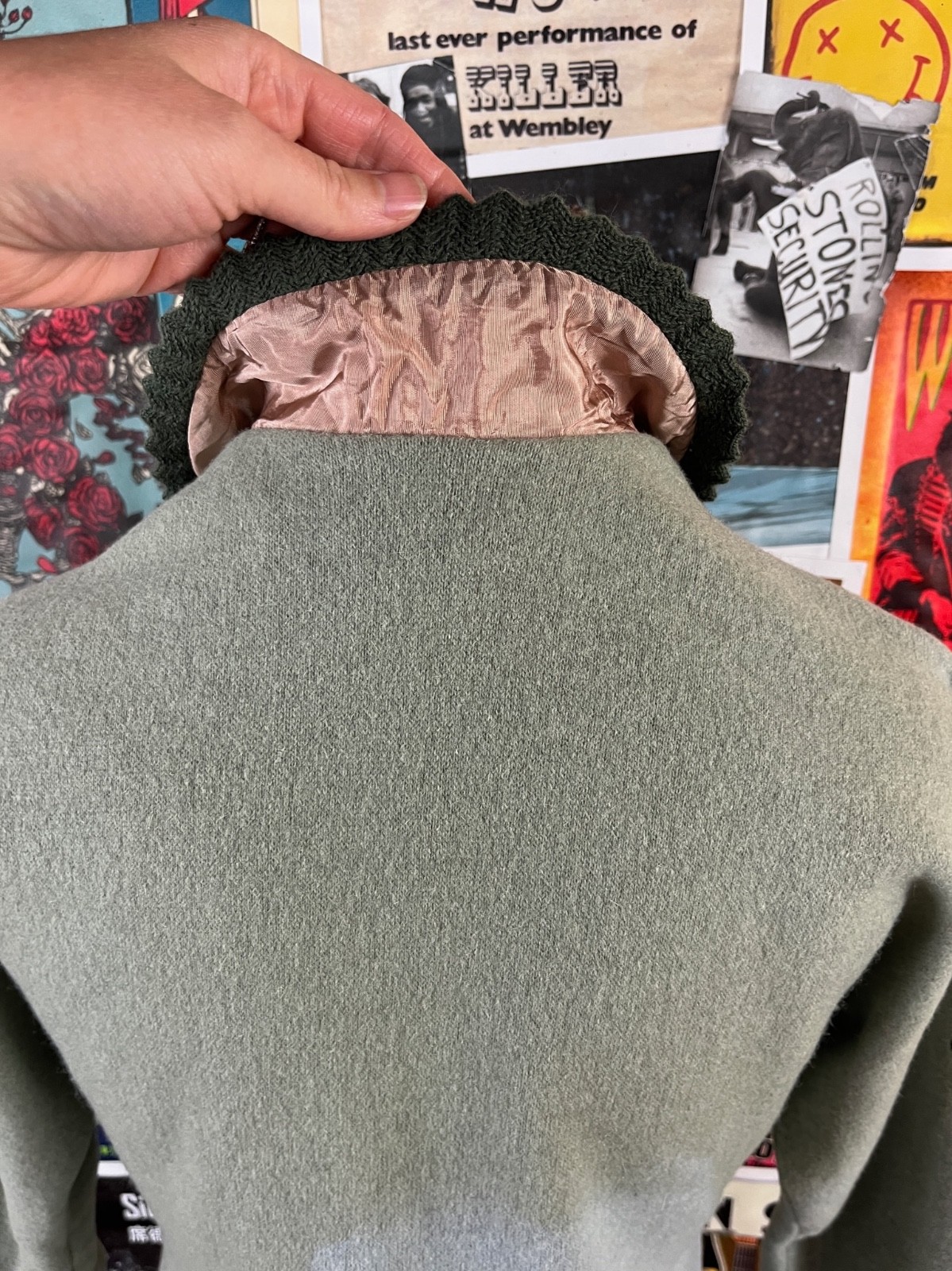 Vtg Womens 1940s Green Peter Pan Collar 3/4 Sleeve Wool Blouse Top Loop Collar