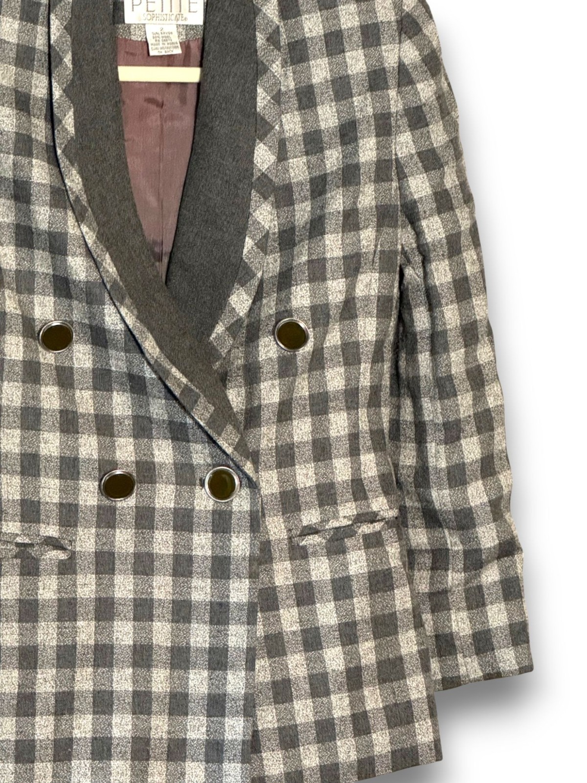Vintage Petite Sophisticate Gingham Wool Blend Double Breasted Blazer Jacket Siz