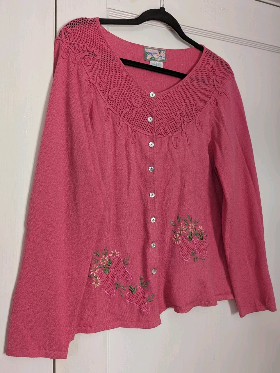 Vtg April Cornell Strawberry Embroidered Cardigan L Pink Hong Kong Cottagecore