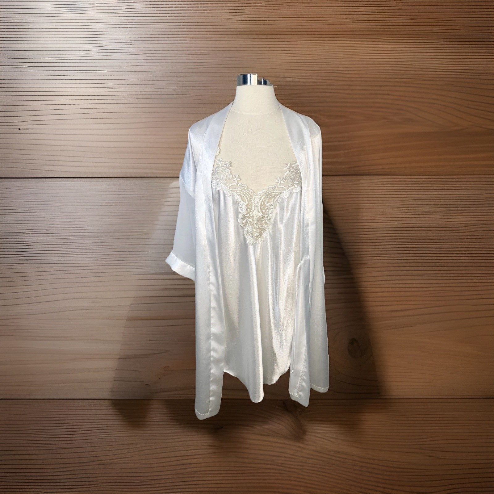 2pc VTG Dentelle NWT Chemise Nightgown Robe Set White Silky Bridal Lingerie Med