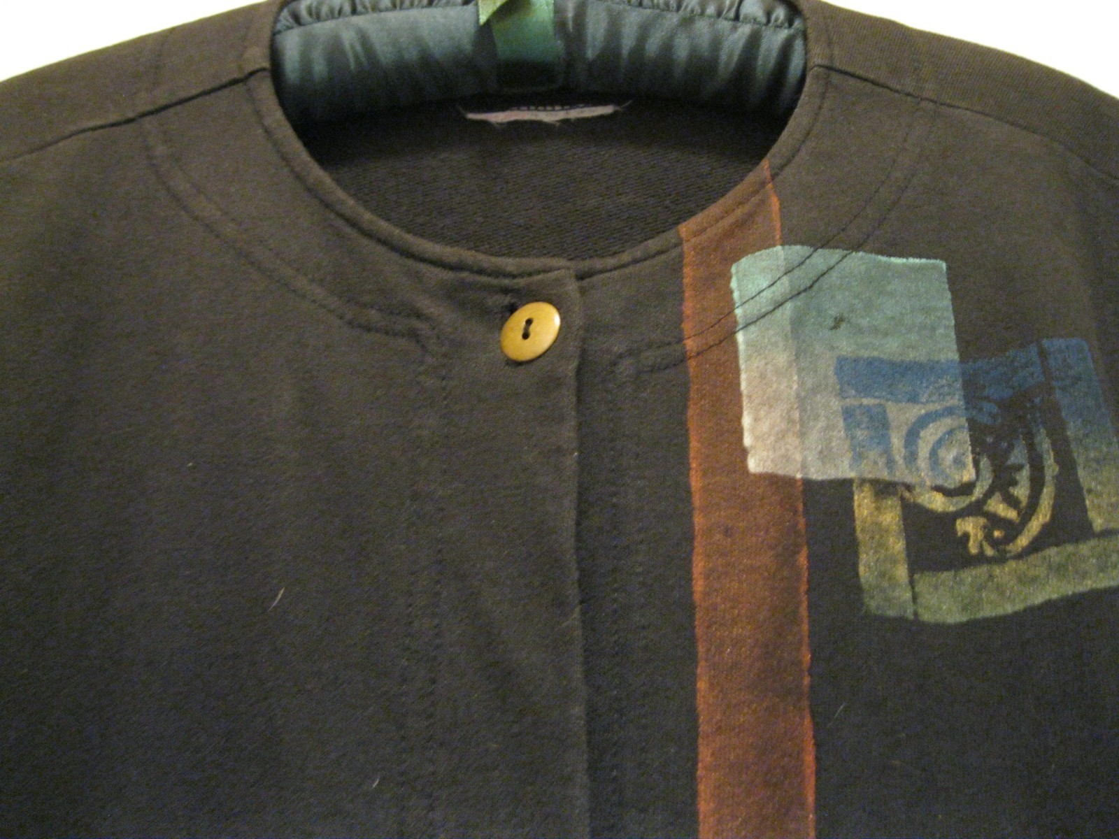 VINTAGE, BLACK COTTON JACKET, HAND PAINTED, SZ M/L, W/ FRONT POCKETS, ARTISAN