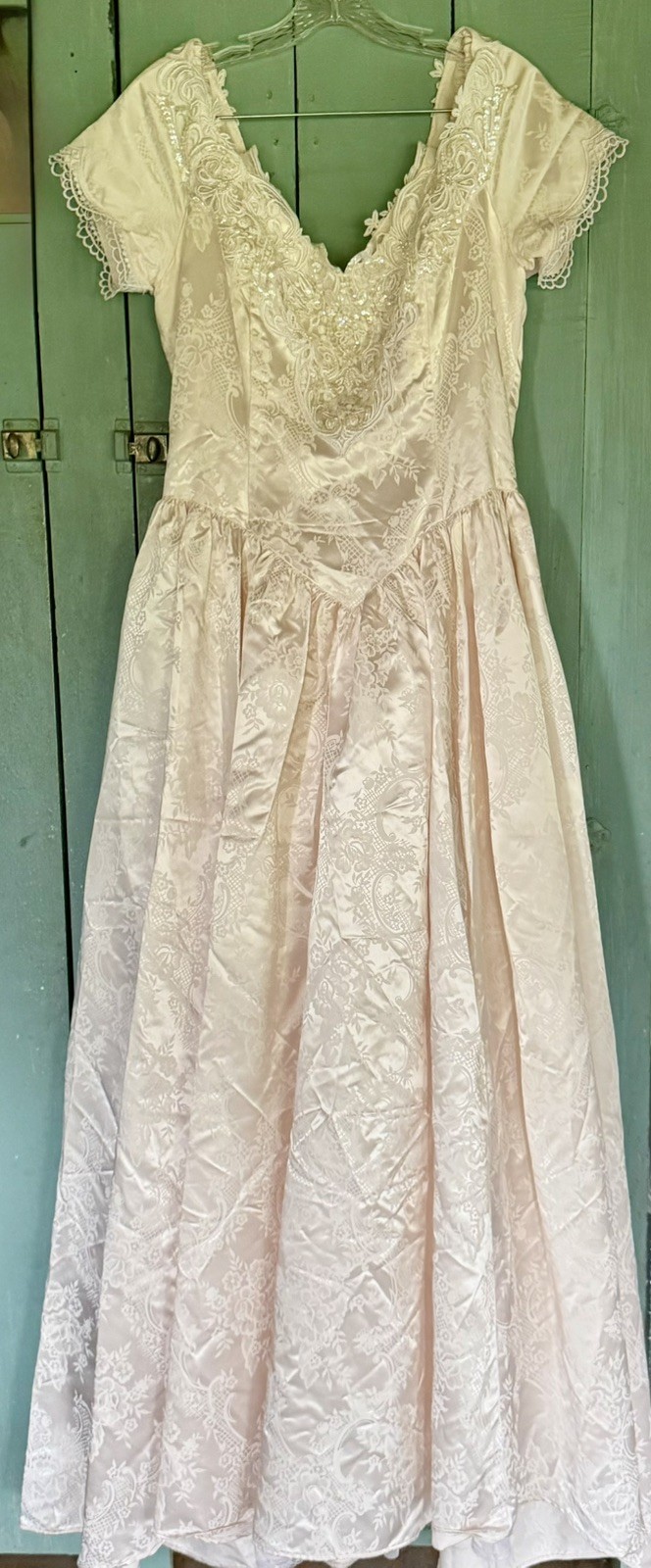 Basque Waist Gown WEDDING Princess Formal Satin Brocade Blush Bustle Roses M+