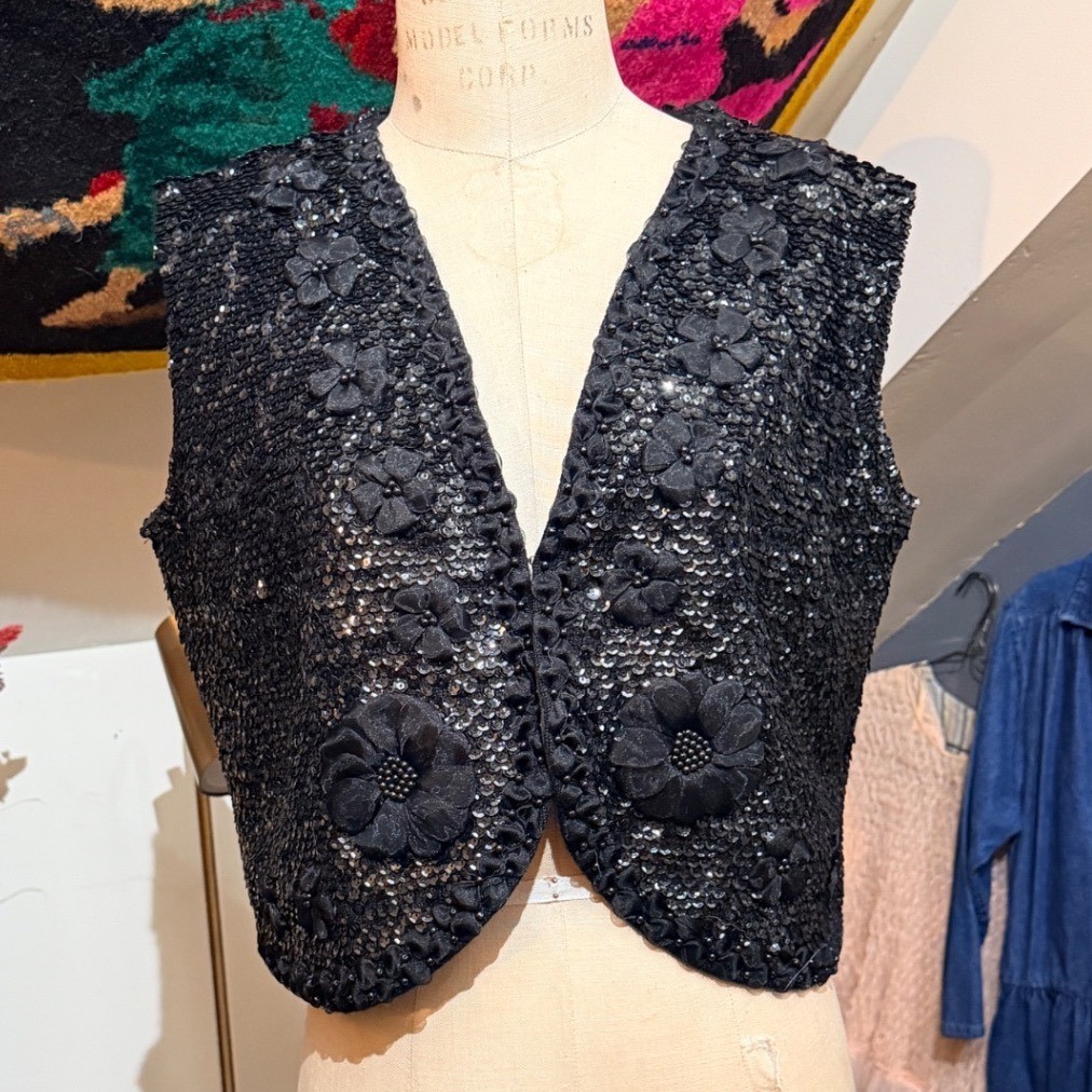Vintage Black Sequin Vest 3D Floral Beaded Applique Open Front Evening Size 44