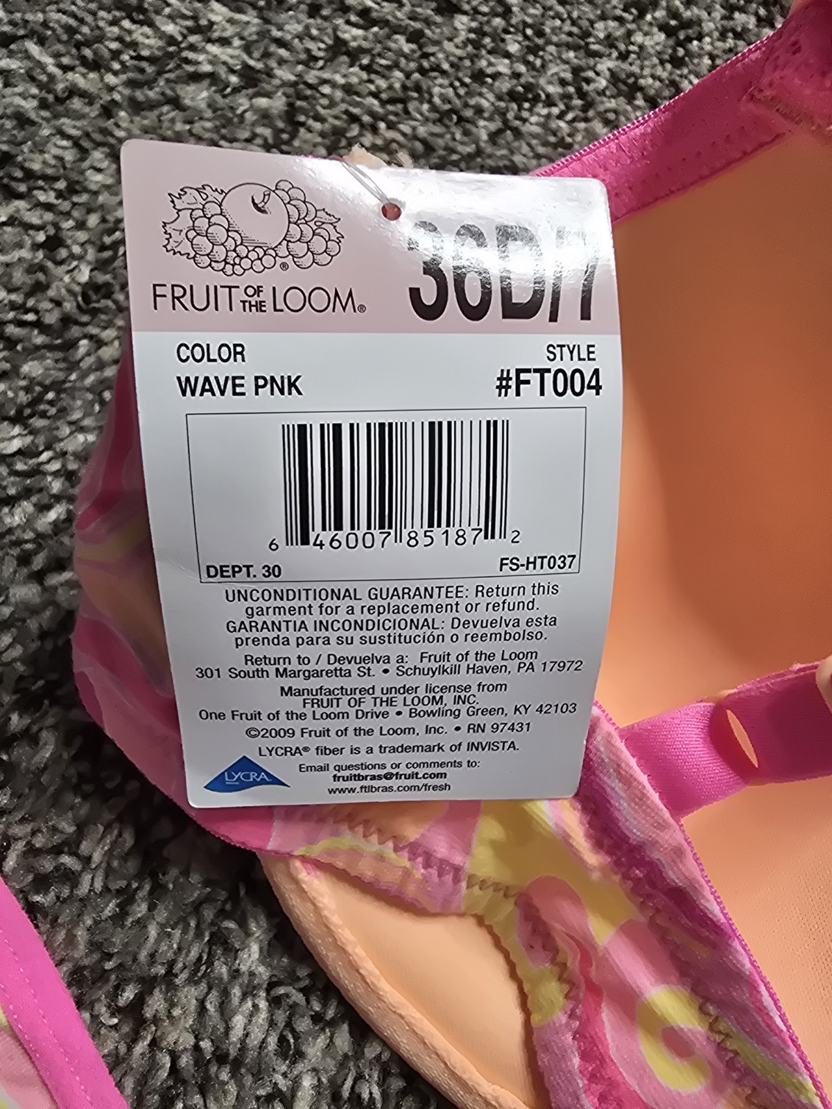 Vintage Y2K Bra 36D & Sz 7 Bikini Panties SET Fruit of the Loom Read NWT