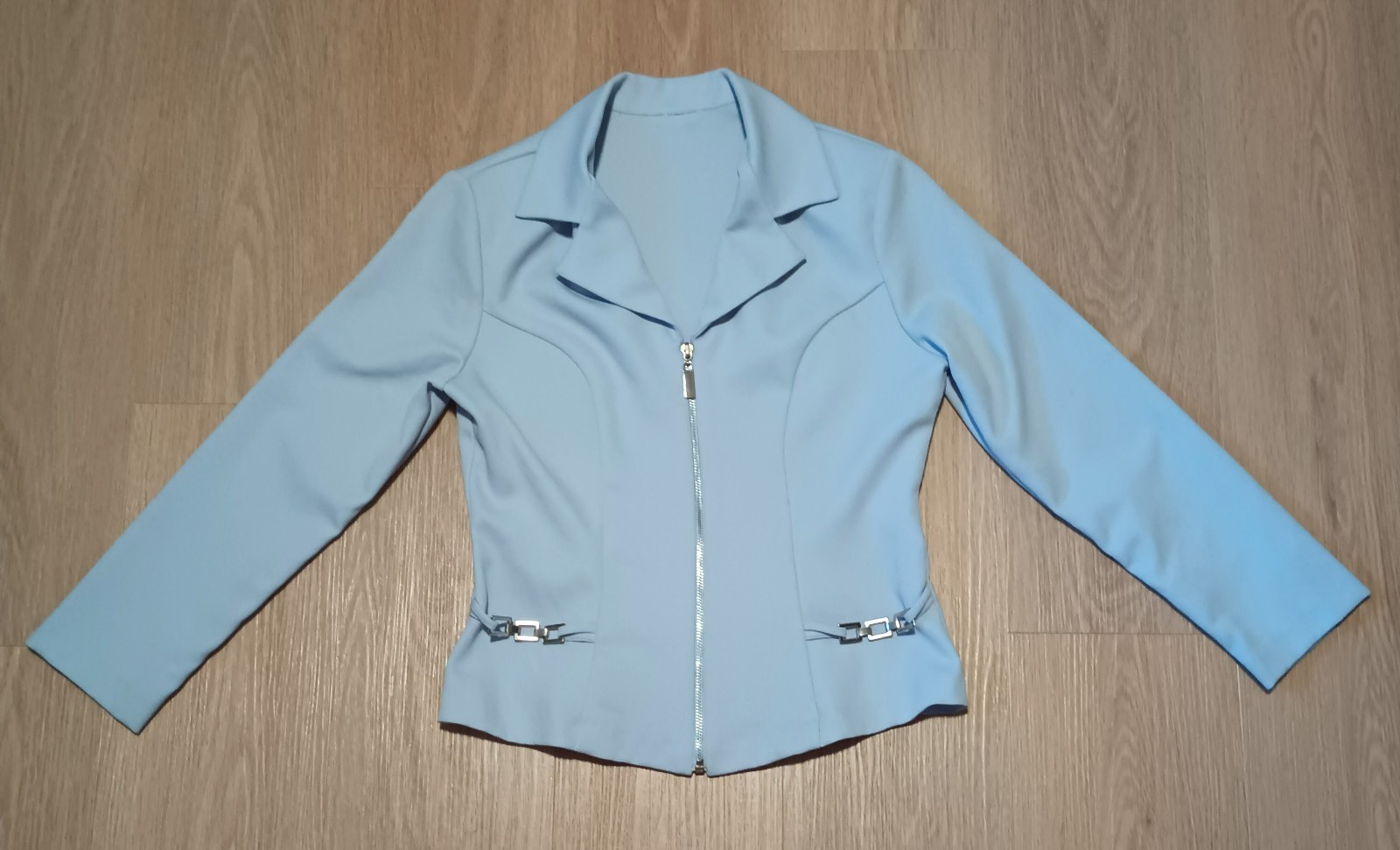 Vtg 70s Powder Blue Crepe MOD Space Age Futuristic Chain Link Jacket career S M