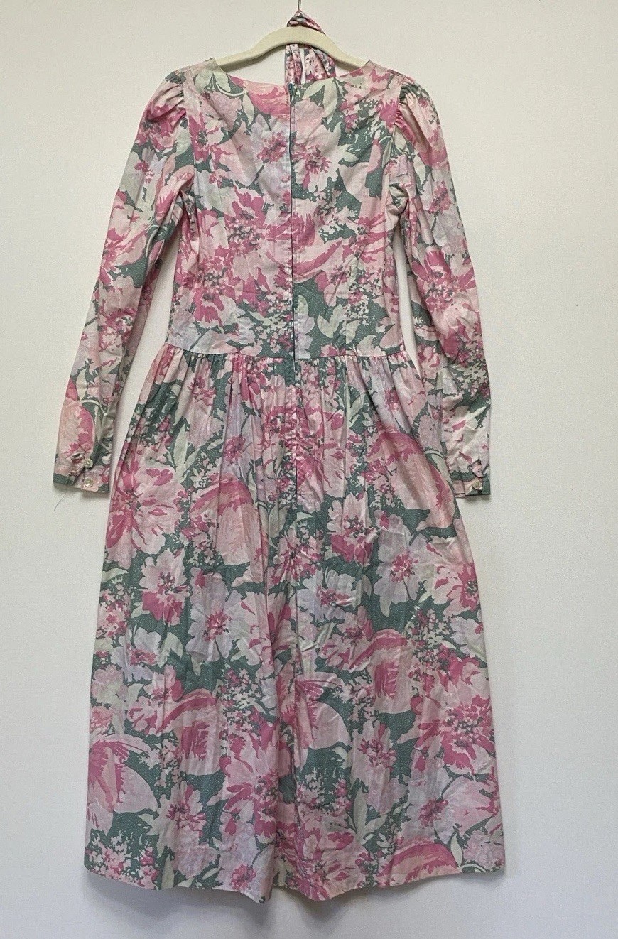 Vintage Laura Ashley Dress S (8) Floral Pink Puff Sleeve Made In UK Cotton Pink