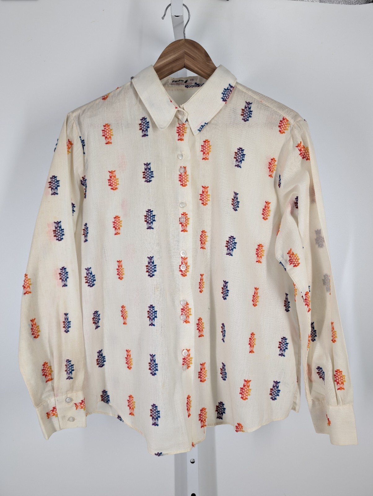 Vintage 70s Embroidered 3D Multicolor Boho Allover Print Disco Shirt Take #1 44&Prime;