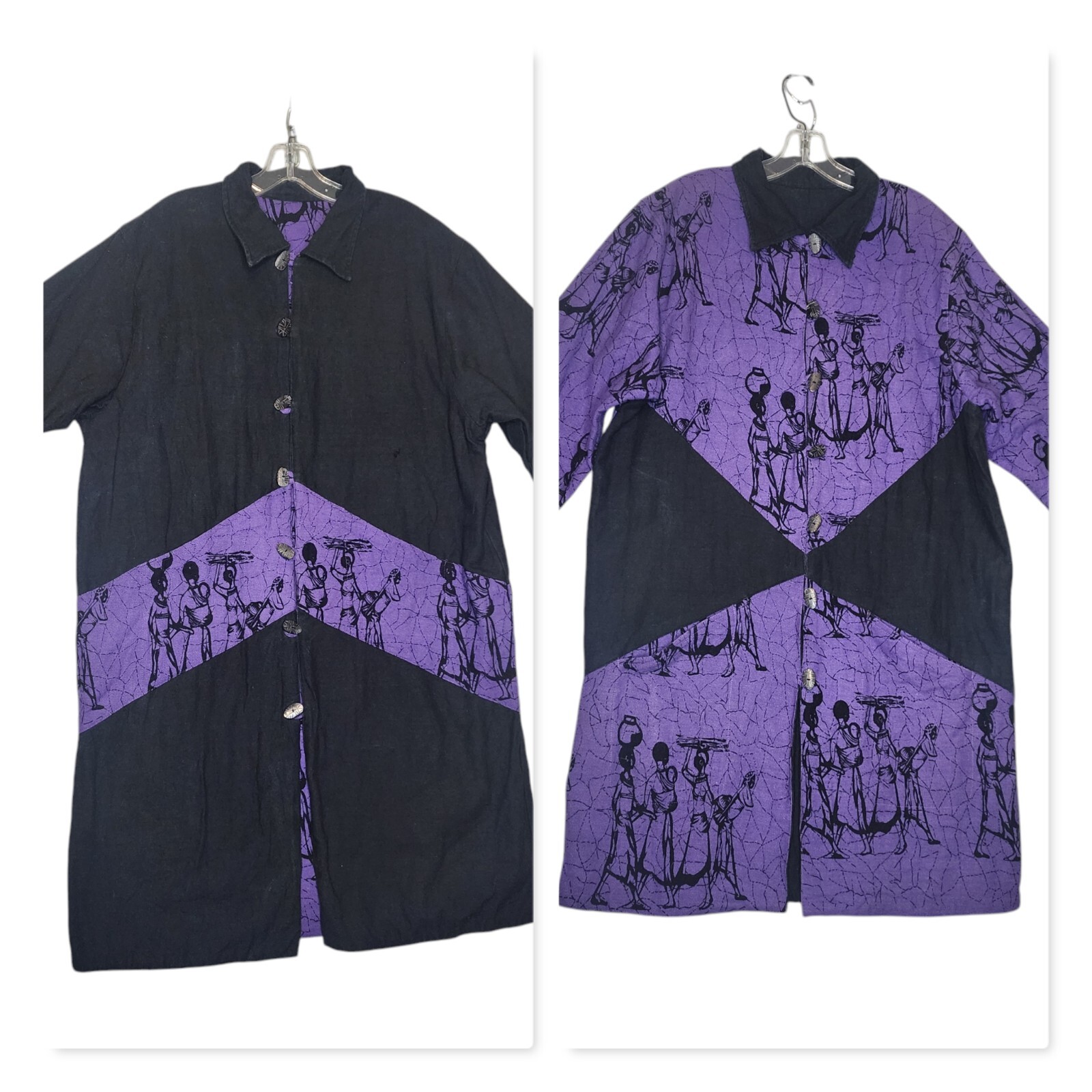 Art to Wear Duster Jacket Tan-Chho Black Purple Batik Reversible Tribal Vtg 80s