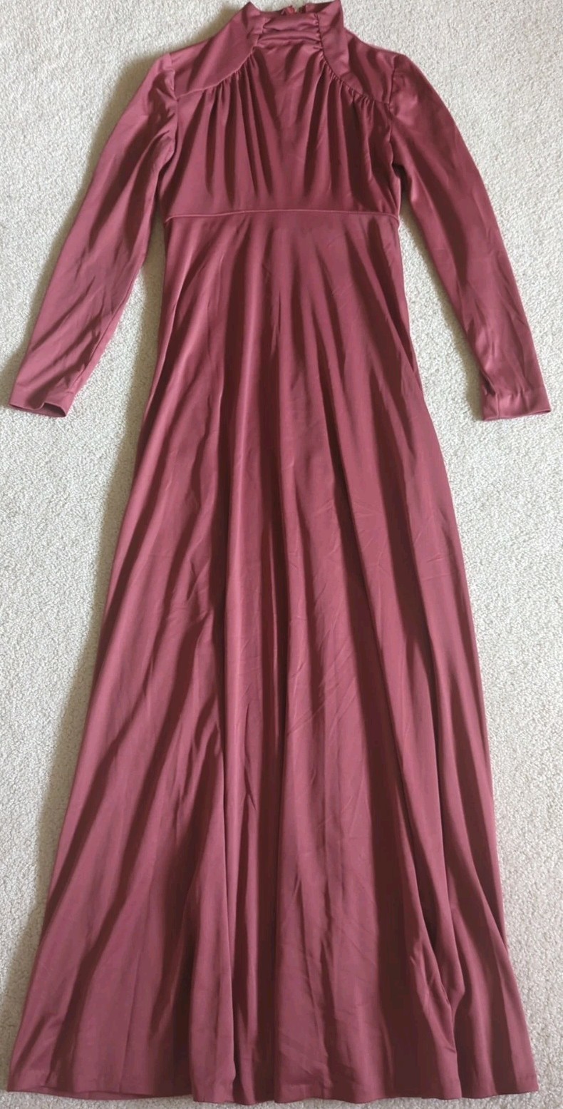 Vintage 70s House Of Bianchi Maxi Dress Pink Rose High Neck Womens 8 *