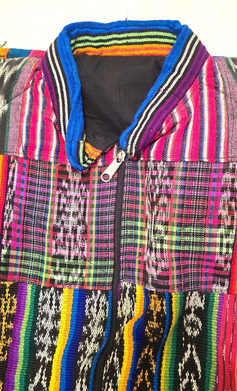 Huipil Strip Guatemala Hippie Patchwork Festival Woven Zip Bomber Jacket VTG 90s