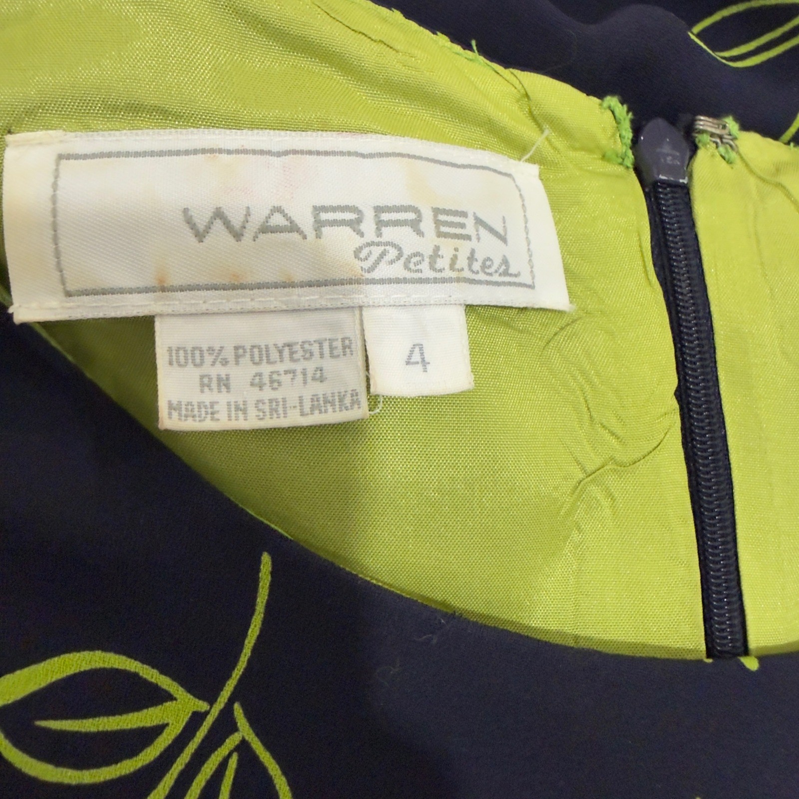 Warren Petites Navy Blue Lime Green Floral Side Tie Sheath Dress Vintage Size 4