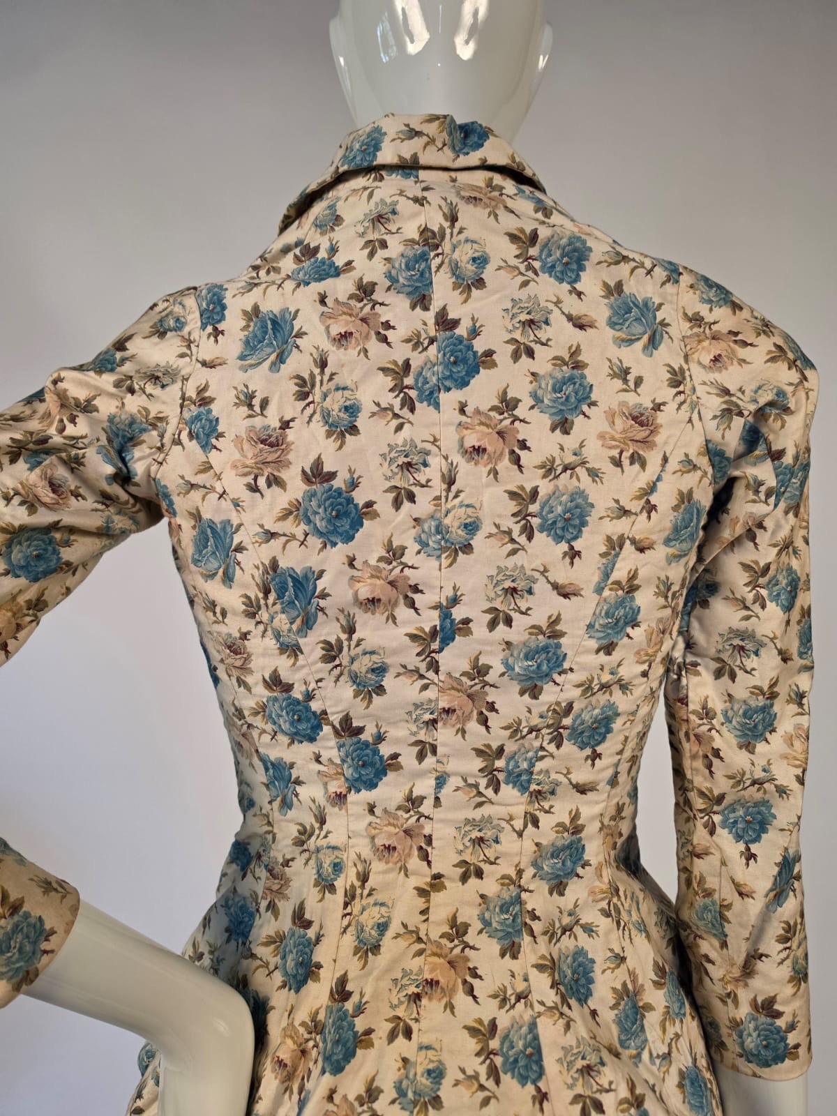 THE ULTIMATE VICTORIAN 1880’S PINK + BLUE ROSE PRINT BUSTLE JACKET XXS SIZE