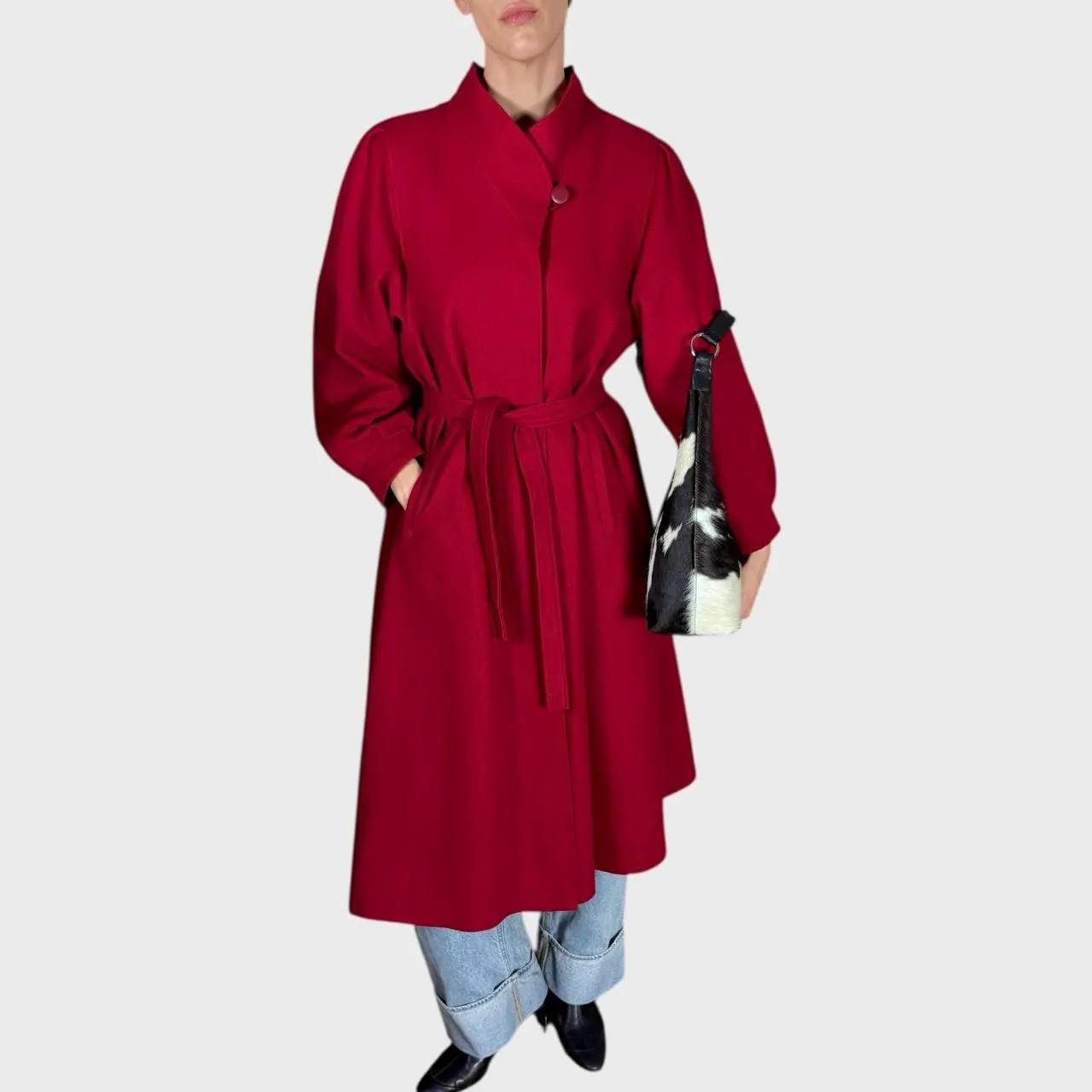 Vintage Red Wool Coat Belted Waist Elegant Longline Overcoat size US10; EU40