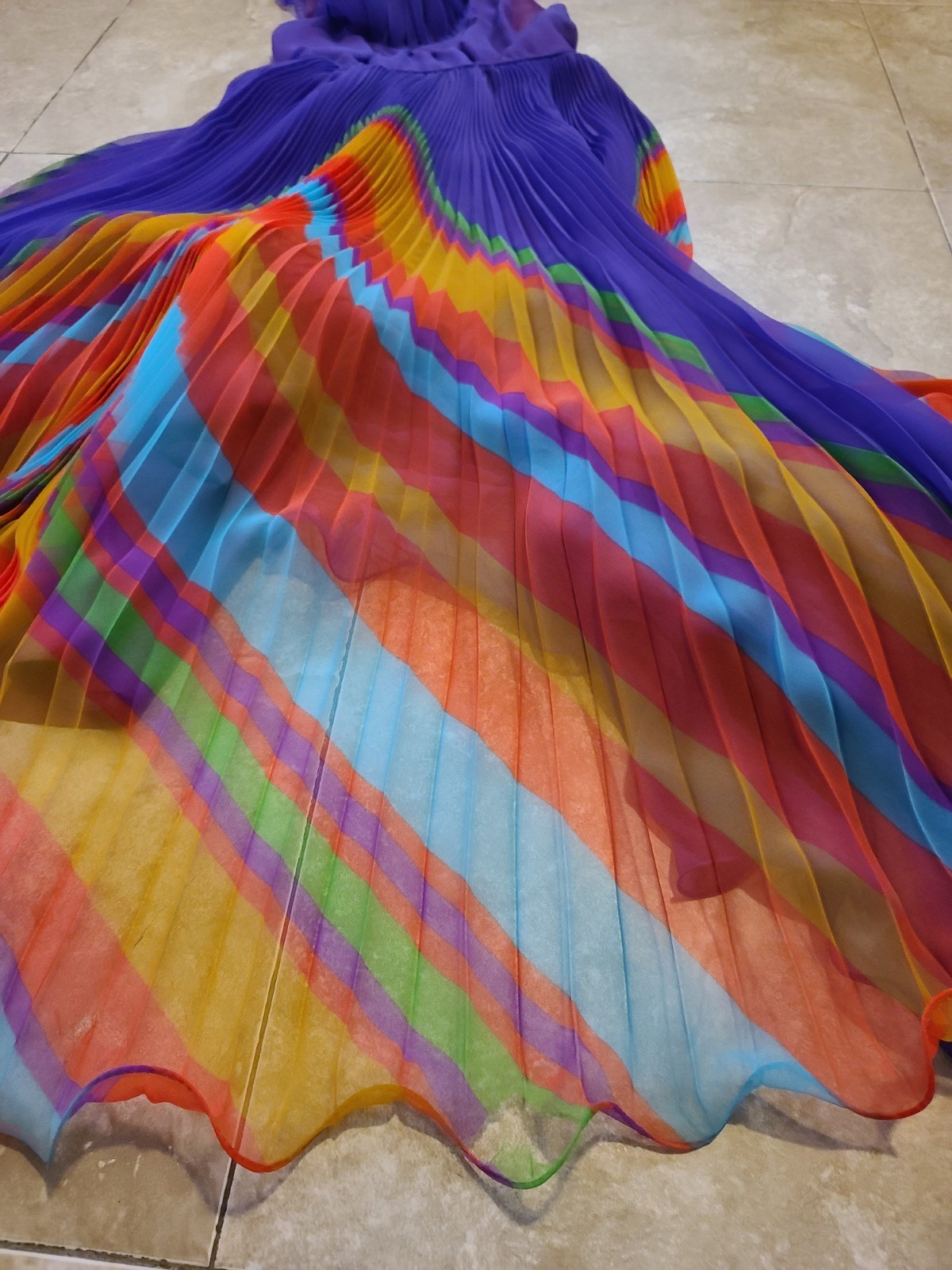 VTG Chiffon Pleated Rainbow Stripe Purple Maxi Dress Ruffle Collar V Neck UV Glo