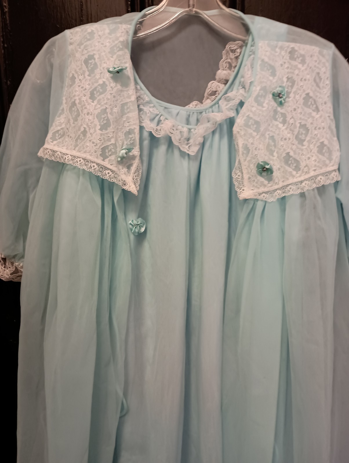 Vintage 1970s Light Blue Peignoir Set ILGWU Union Label Rhinestone Rosettes Lace
