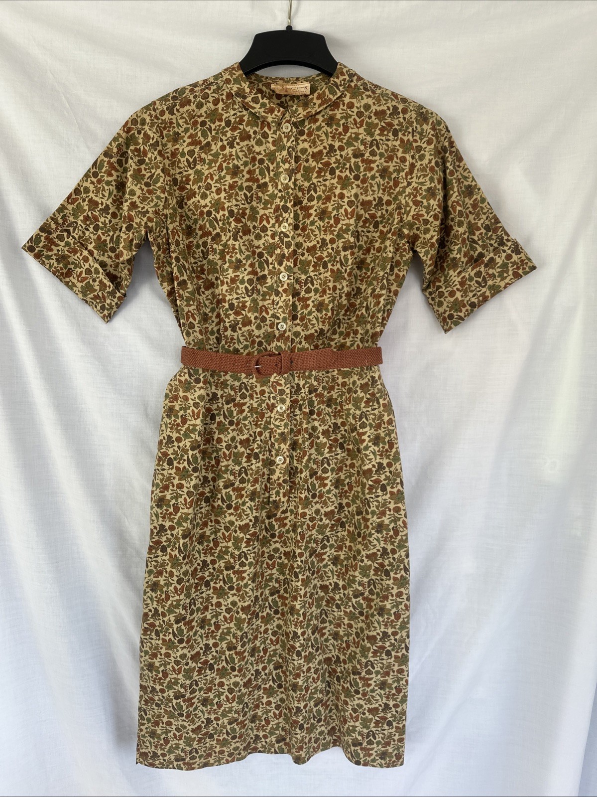 Vtg Haystack Of Serbin Day Dress 38&Prime; Bust 28&Prime; Waist M/L Belt MCM 60&rsquo;s Cottoncore