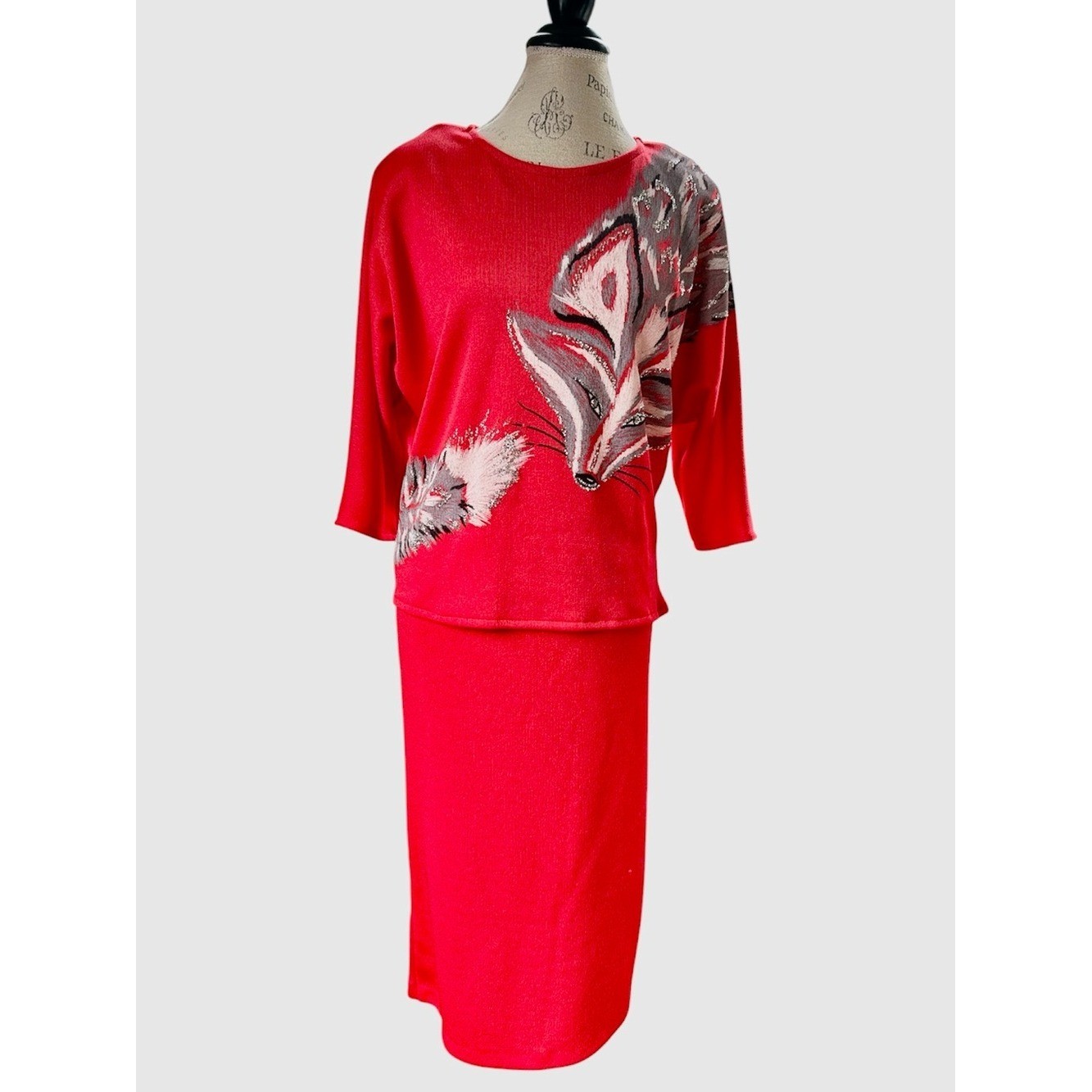 Shorthand Modes 1980&rsquo;s vintage red skirt set embellished fox motif top EVC M
