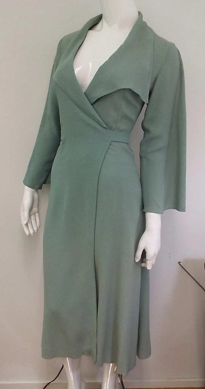 Vintage 1970 Ossie Clark Green Crepe Wrap Dress Size 10 Ivy Series Collar Wings