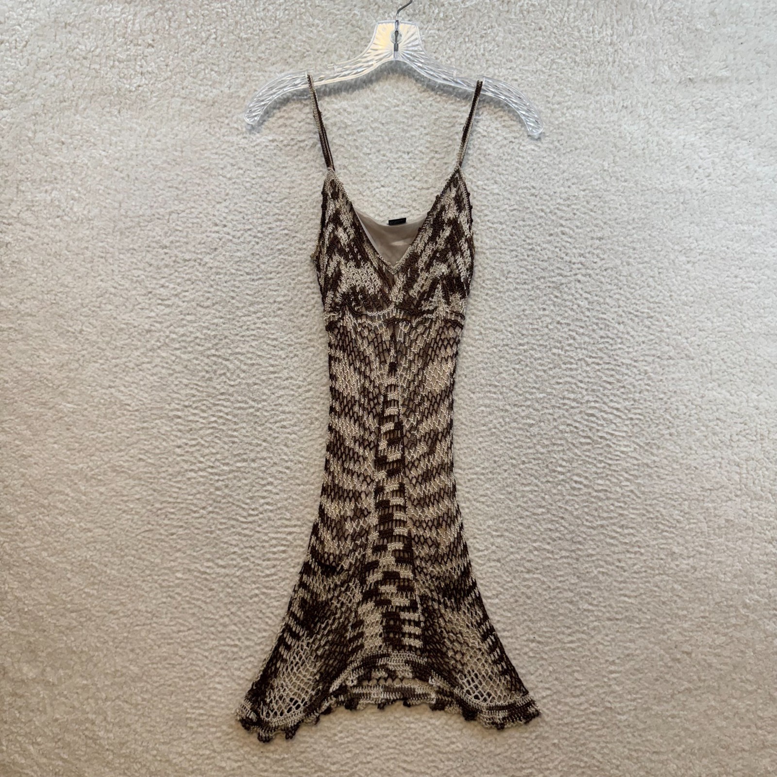 Y2K Vintage Crochet Knit Mini Dress XS Small Brown Summer Beach Boho Fairy