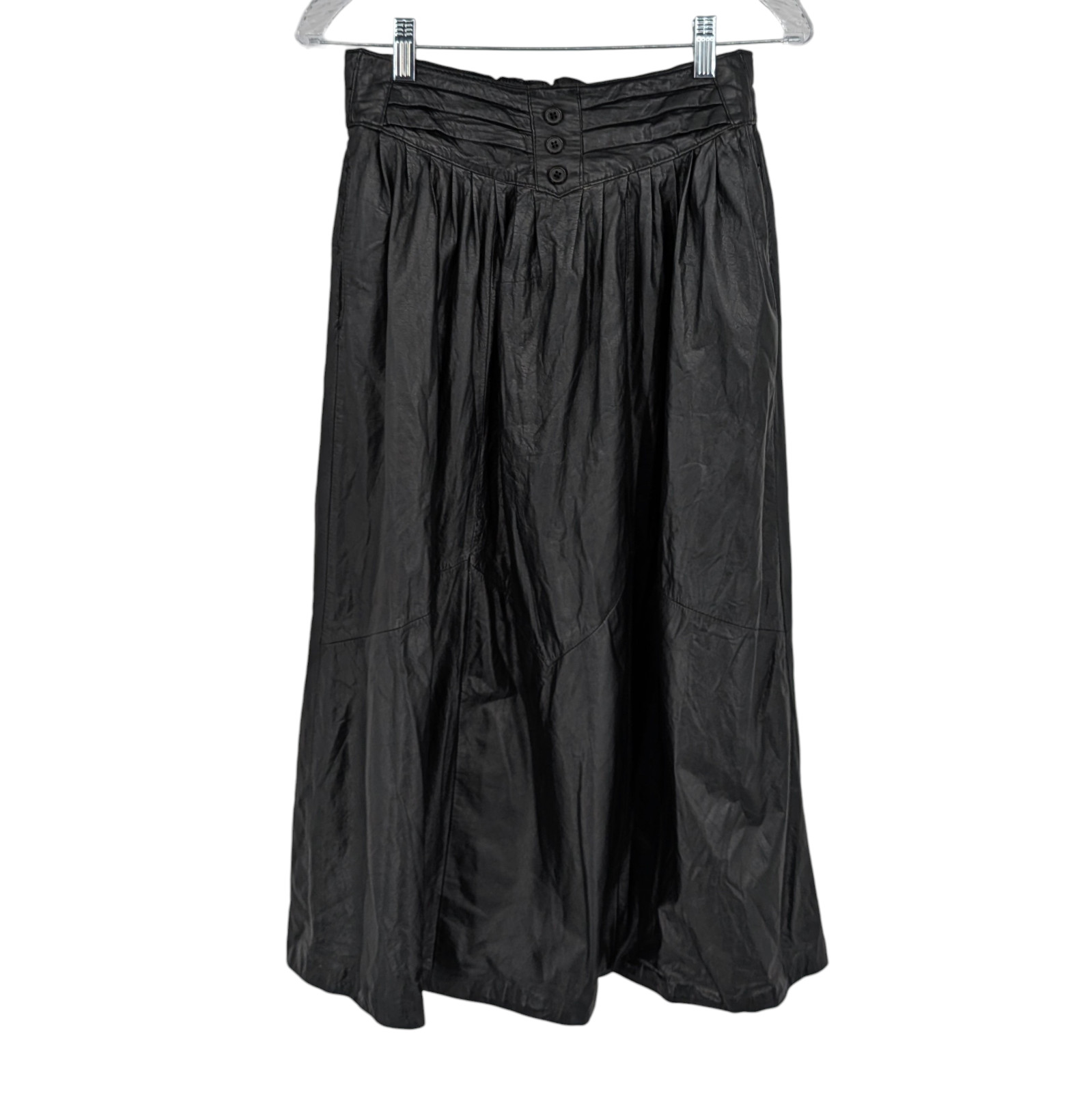 VTG 80s Black Leather Quilted Midi Skirt Womens 8 Yoke New Wave Goth Avant Garde